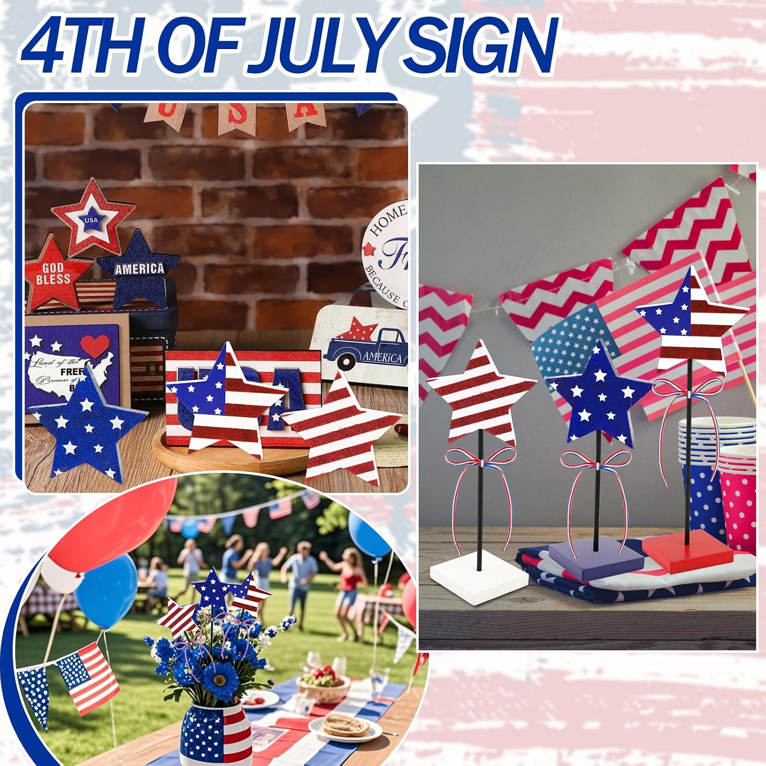 4th of July Tiered Tray Decor Wooden Star Set, 3Pcs Memorial Day Stars Table Shiny Decorations Patriotic Red White Blue Tabletop Home Decor for 250th Memorial Independence Veterans Labor Day