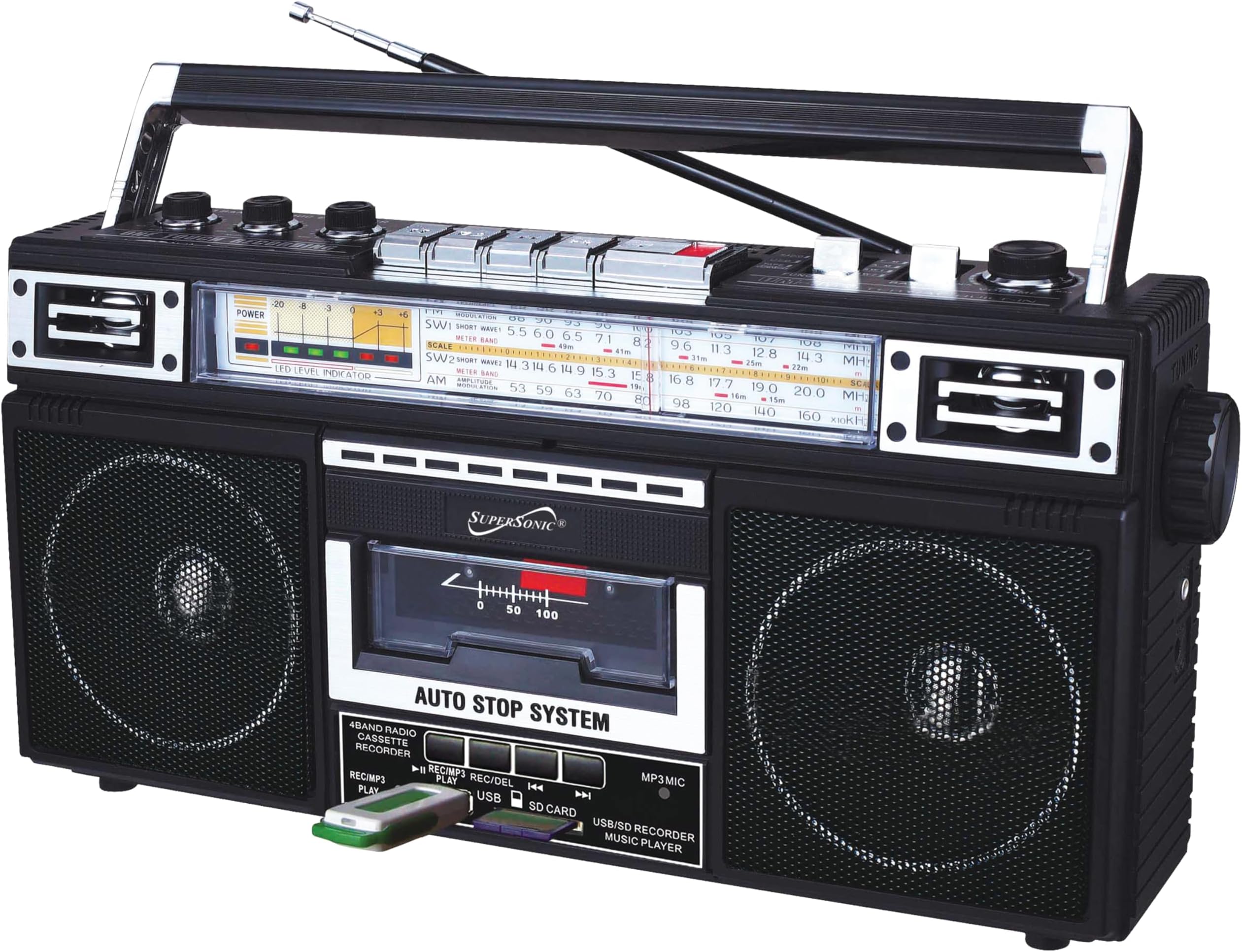 Supersonic Retro 4-Band Radio and Cassette Player with Bluetooth (Black)