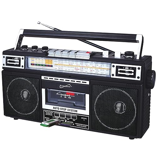 Supersonic SC-3201BT 4 Band Radio & Cassette Player Boombox, Bluetooth Speaker, AM/FM/SW Radio with MP3 Playback, USB & SD Card, 3 Band EQ and Earphone Jack