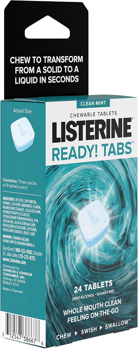Listerine Ready! Tabs Chewable Tablets with Clean Mint Flavor, 24 Tablets (3 x 8 Tablet Blister Pack)