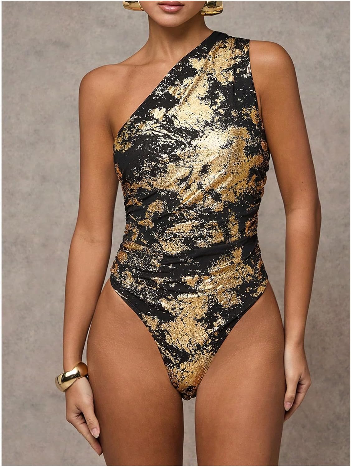 WDIRARA Women's Tie Dye Mesh One Shoulder Bodysuit Metallic Sleeveless Asymmetrical Tank Body Suits - Image 3