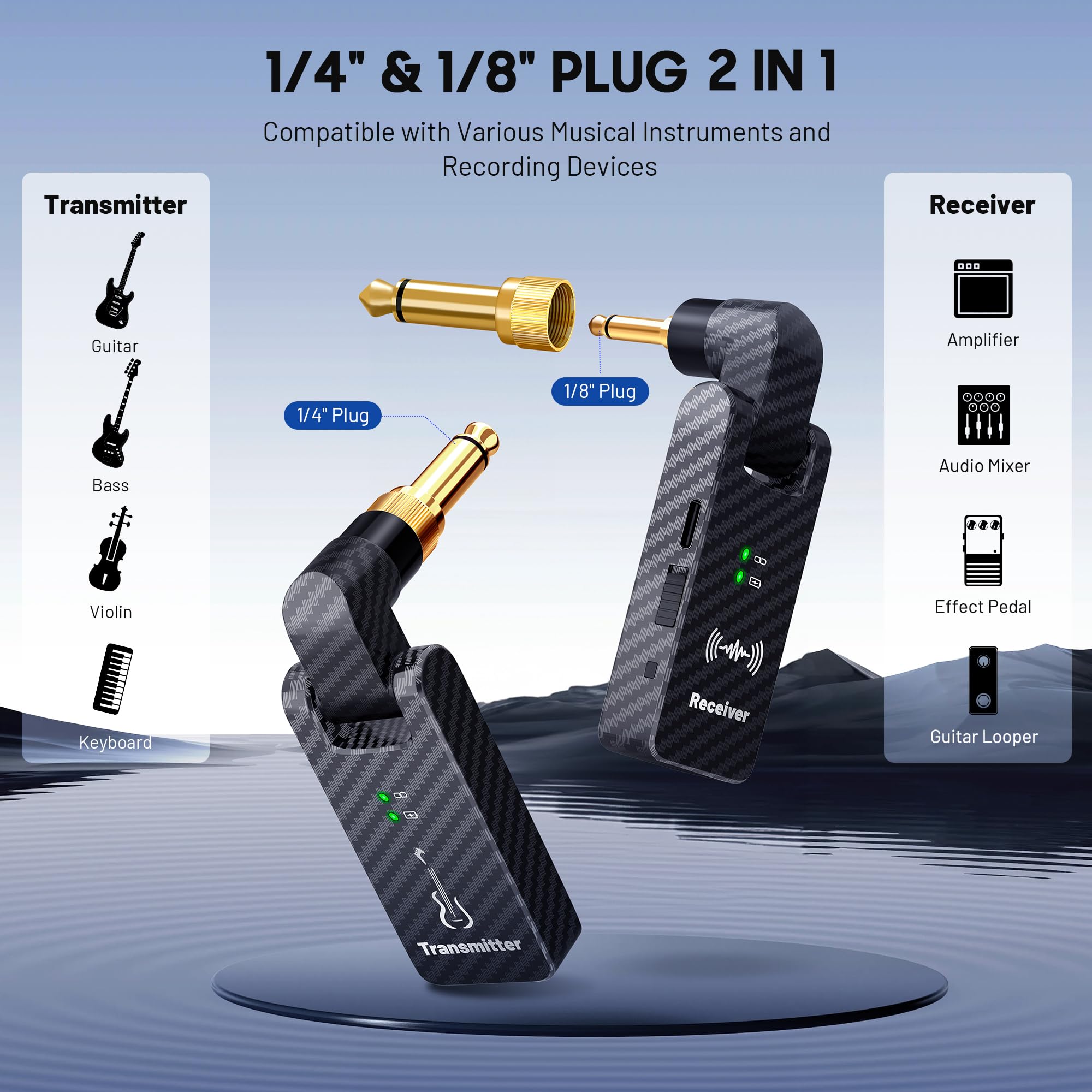 CAHAYA Sistema di Chitarra Senza Fili: Fibra di Carbonio con Custodia di Ricarica - Trasmettitore e Ricevitore per Chitarra Senza Fili 2,4 GHz Plug-and-Play Raggio d'Azione Esterno di 30 m - 4 Canali