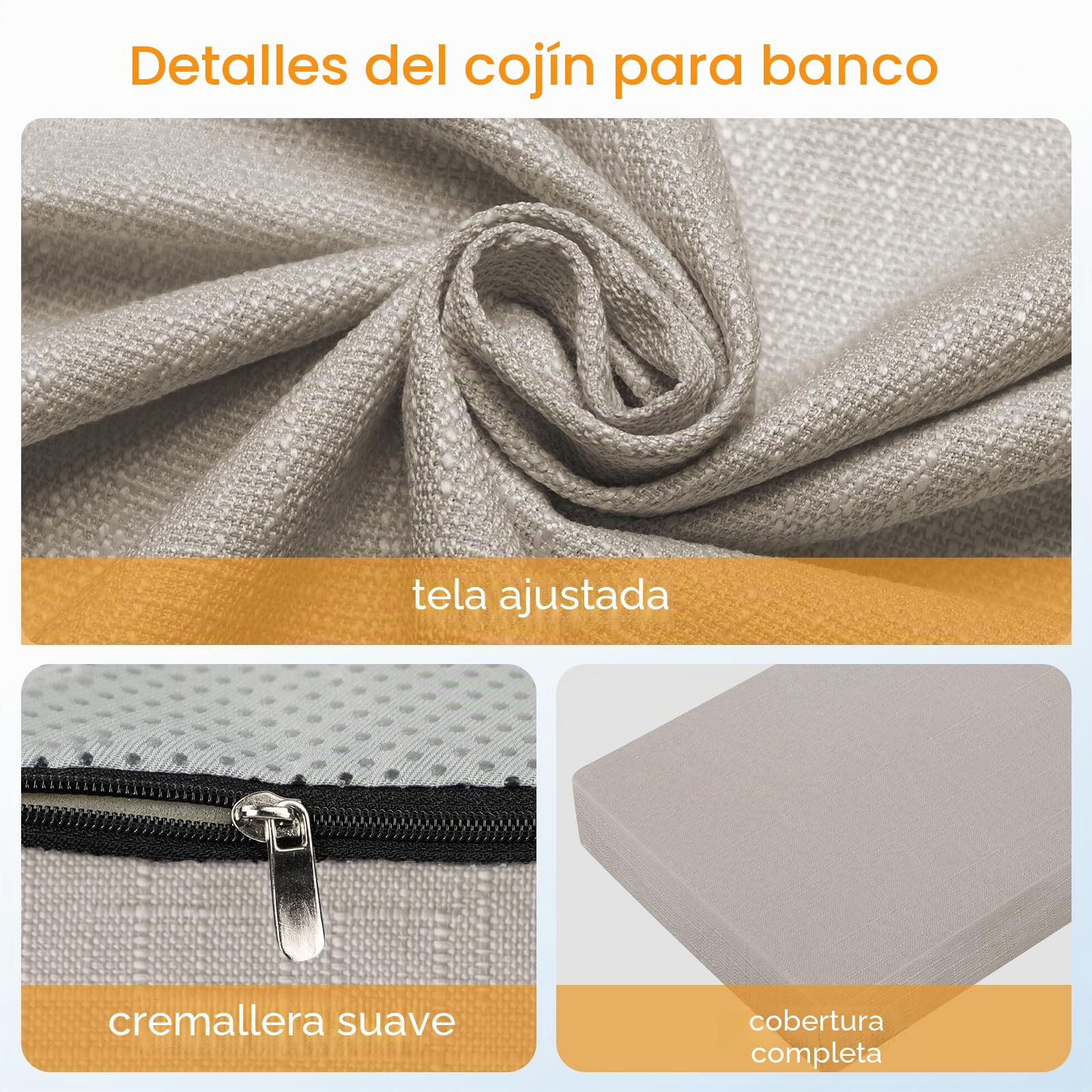 OutStep Cojín de Lino para Banco 120x40x5 cm, Transpirable y Reforzado, de Alta Densidad y Base Antideslizante, Ideal para Muebles de Porche con ventanal (Camello)