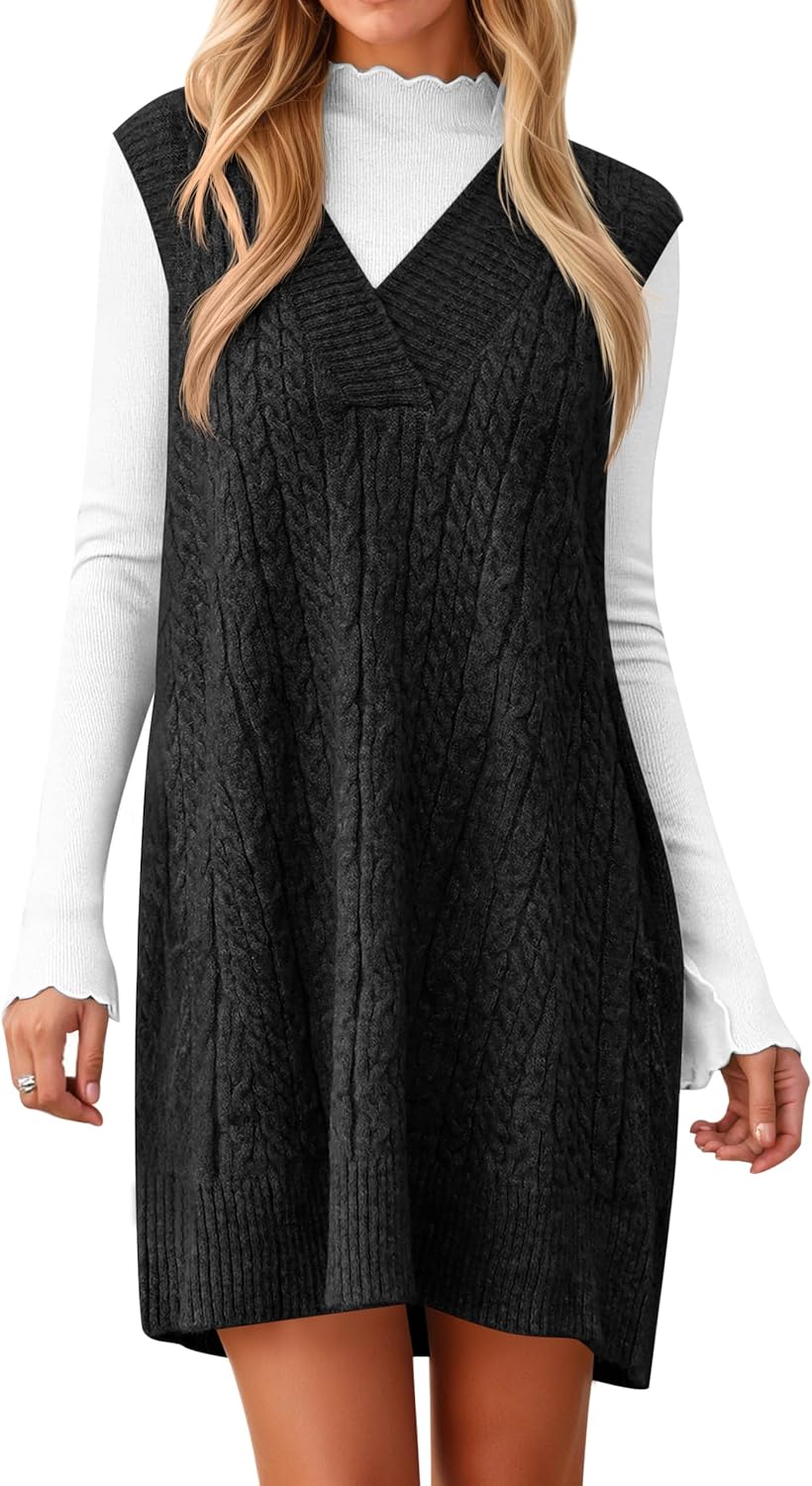 Cicy Bell Womens Oversized Sweater Vest Dress V Neck Sleeveless Fall Trendy Casual Knit Cable Mini Dresses
