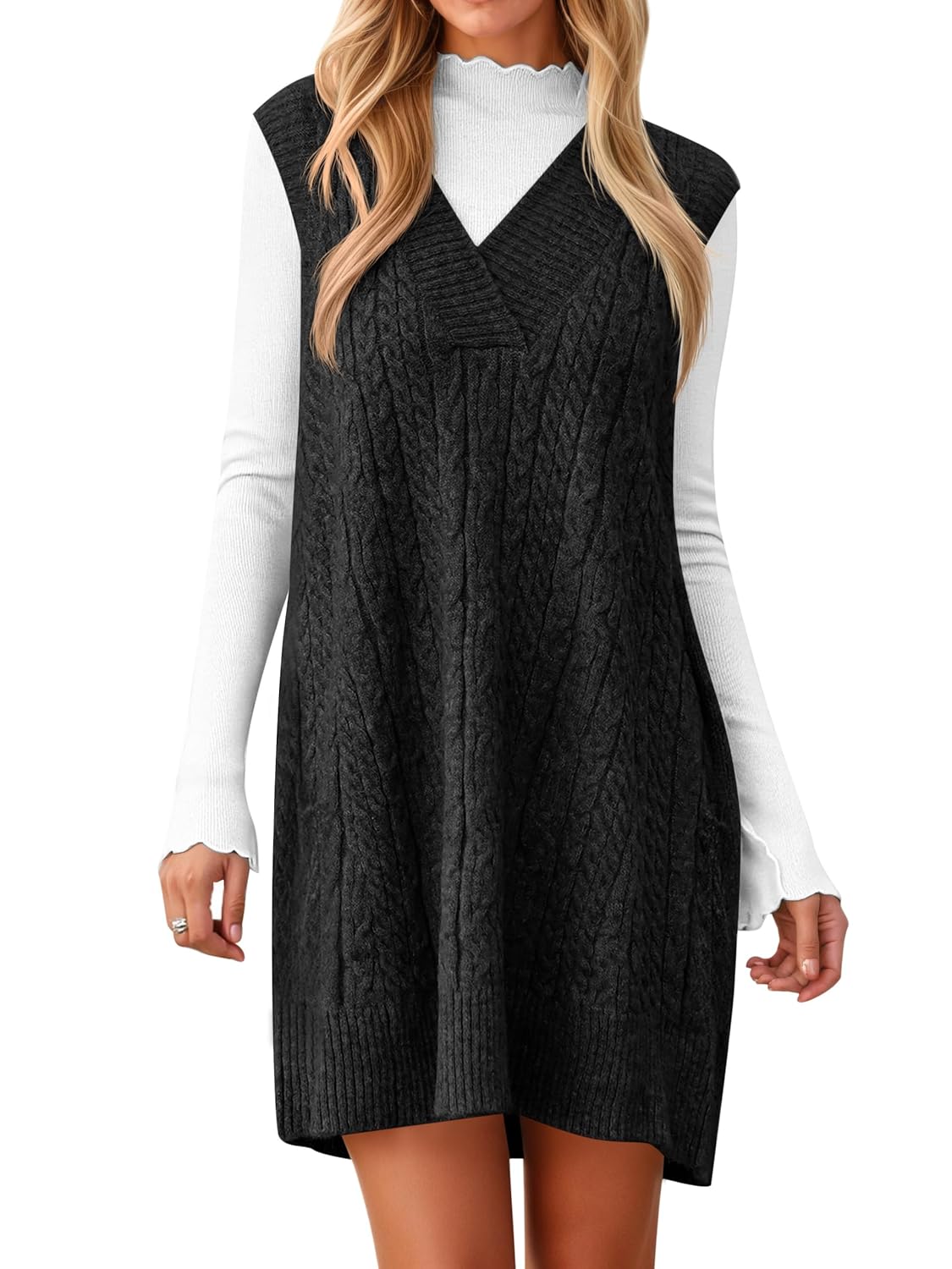 Cicy Bell Womens Oversized Sweater Vest Dress V Neck Sleeveless Fall Trendy Casual Knit Cable Mini Dresses