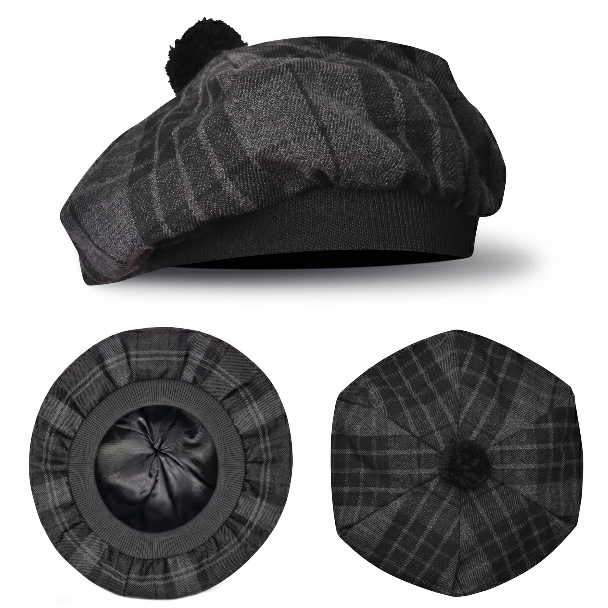 H HIGHLAND REDSTONE Scottish Hat Tam o Shanter Scottish Bonnet Tartan hat Acrylic Wool with Pompom (UK, Alpha, One Size, Gray Watch)