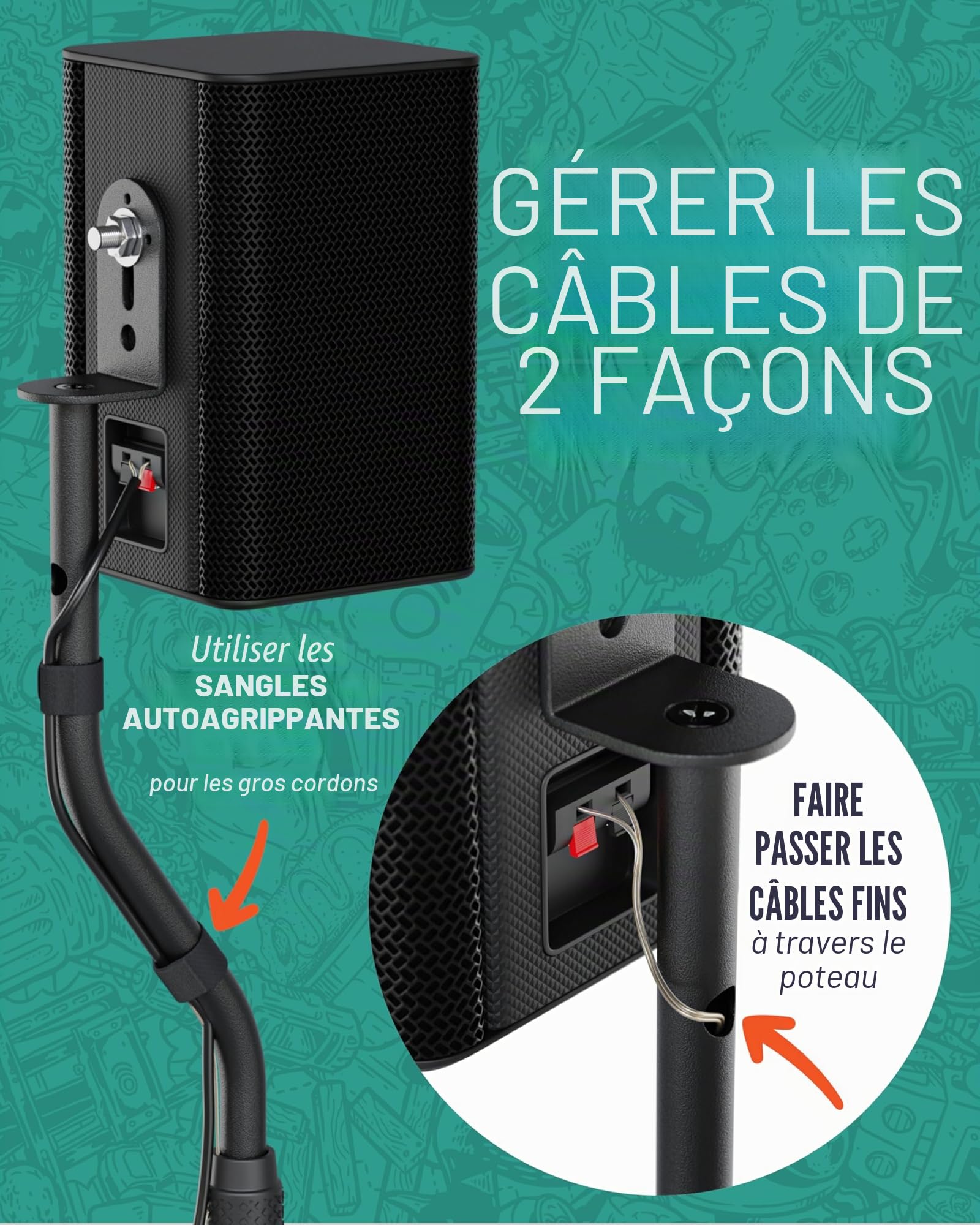 ECHOGEAR Supports de Haut-parleurs réglables en Hauteur – Compatibilité Universelle avec Les Haut-parleurs Satellite – Design en Acier Massif avec Gestion des câbles intégrés et Pointes de Moquette