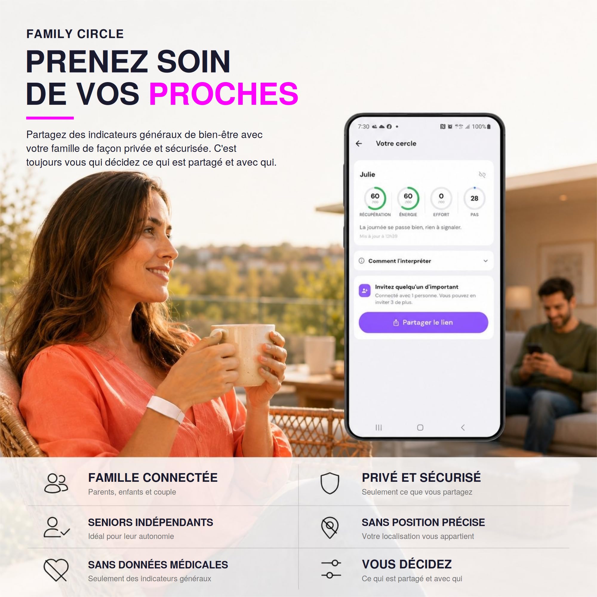 Sense Bracelet Connecté sans Écran Femme Homme, Conçu en Espagne, Coach IA, Suivi Sommeil Énergie Récupération, Fréquence Cardiaque 24/7 HRV SPO₂, IP68, +45 Jours, sans Abonnement, Rose