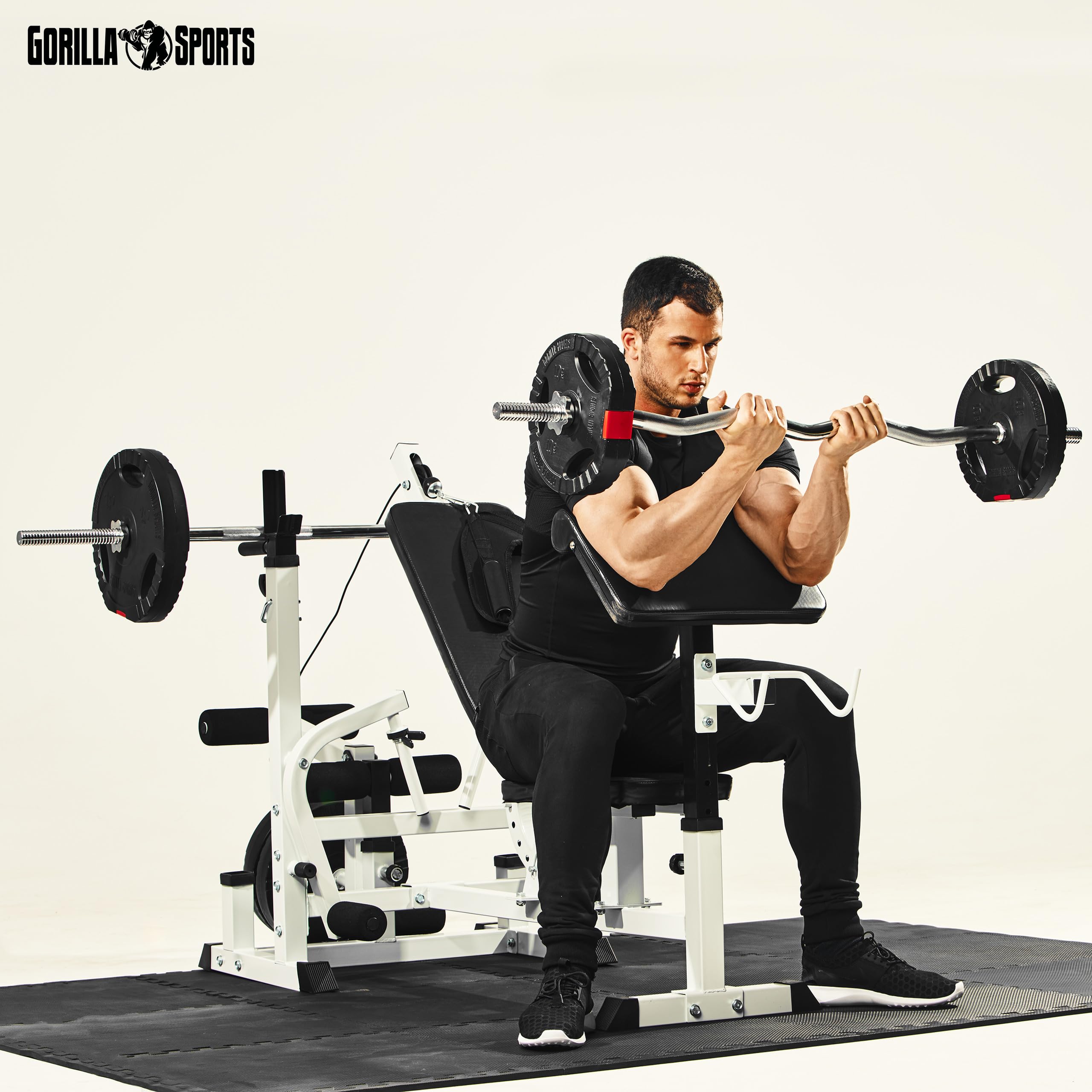 GORILLA SPORTS® Panca Multifunzione - con Set di Pesi 100kg, Schienale Regolabile, Porta bilanciere, Stazione Butterfly, Carico Massimo 280kg, Bianco o Nero - Panca Pesi, Stazione Palestra, Fitness