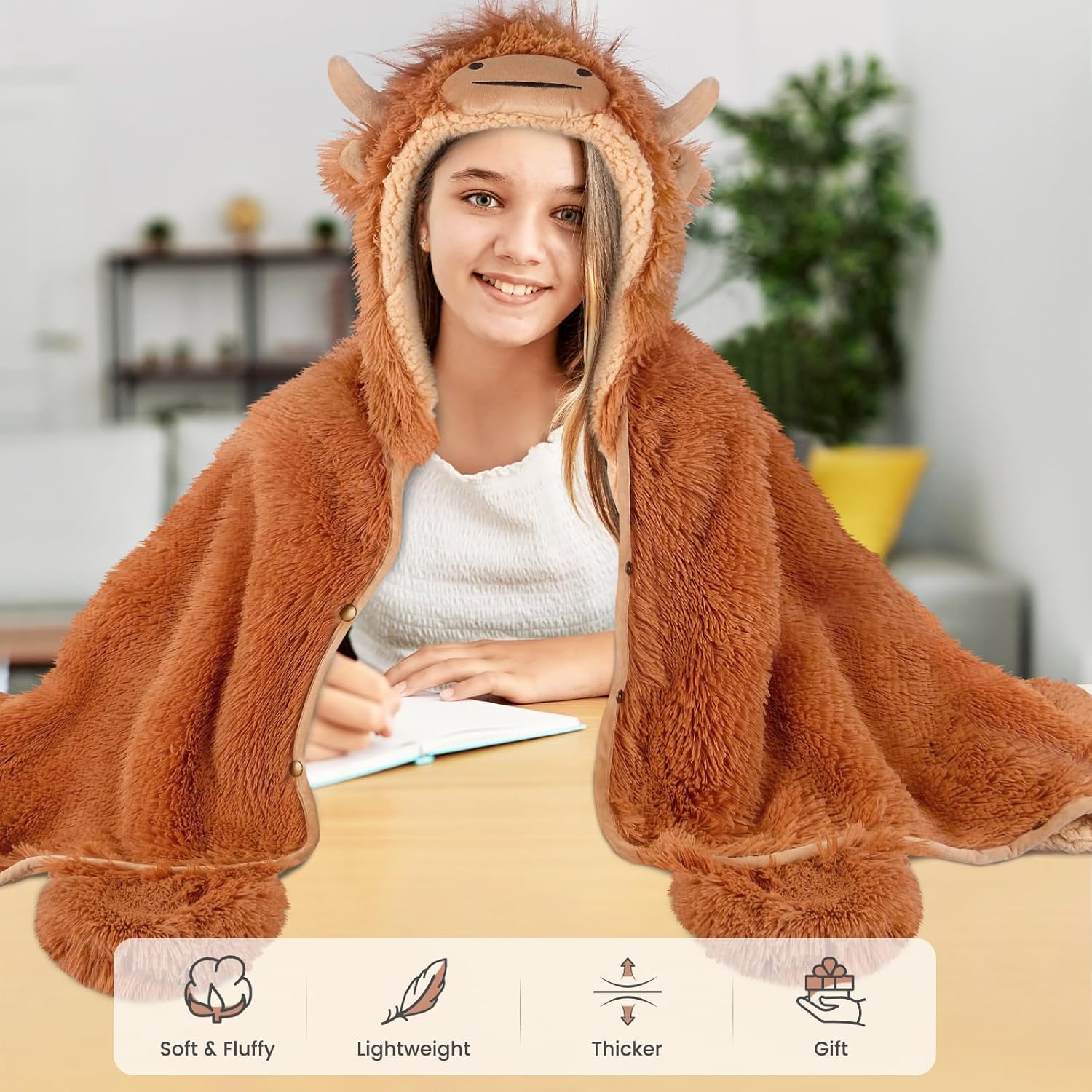 Highland Cow Wearable Blanket Hoodie for Women & Kids, Premium Soft Thick Plush & Faux Fur for Ultra Warmth, Cozy Throw Wrap With Giant Hood, Easy Movement, Highland Cow Gifts for Adults, Oversized - Image 6