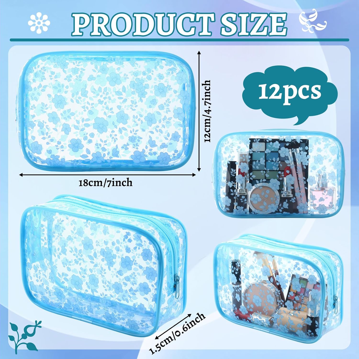 12 Pcs Clear Cosmetic Bags Bulk Blue Floral Makeup Bags with Zipper PVC Waterproof Travel Organizer Storage Toiletry Bathroom Pouches for Women Wedding Bridesmaid Gifts Tea Party Favors