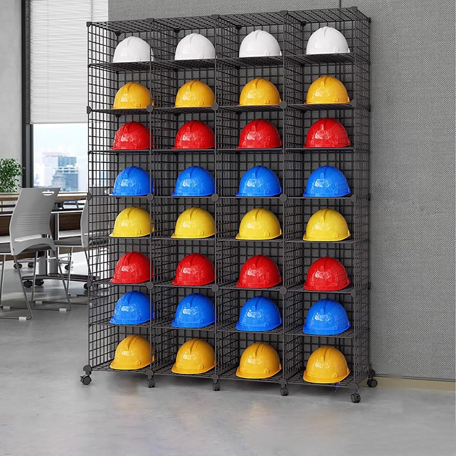 Adjustable Stackable Safety Helmet Storage Box with Wheels - Floor-Standing Display Shelf for Hard Hats, Ideal for Construction Sites, Garages, Workshops, Factories (6 Grids, 6 Layers)