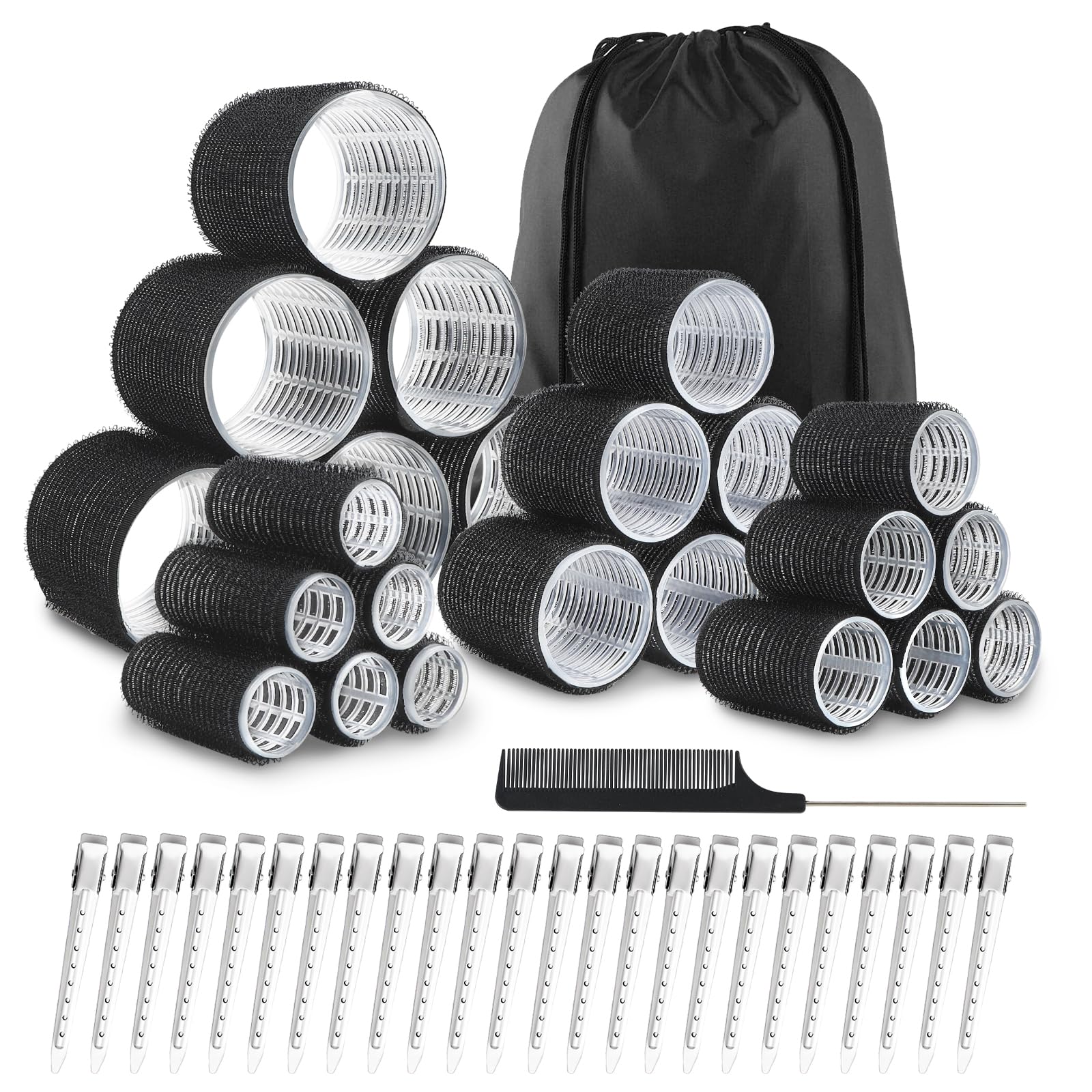 JOLCEEY 50pcs Hair Rollers with Clips, Jumbo Large Medium Small Rollers for Hair Volume Big Hair Curlers Rollers for Long Medium Short Hair DIY Hairdressing (Black)