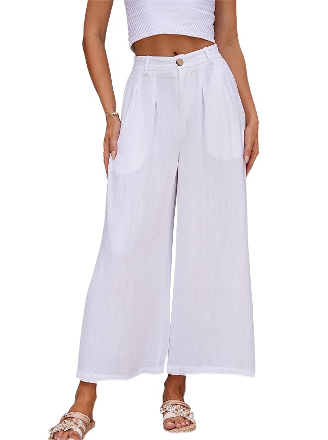 heipeiwa Womens Summer Capris Cotton Linen Pants Wide Leg Palazzo Culottes Pants Linen Casual Dress Flowy Pant