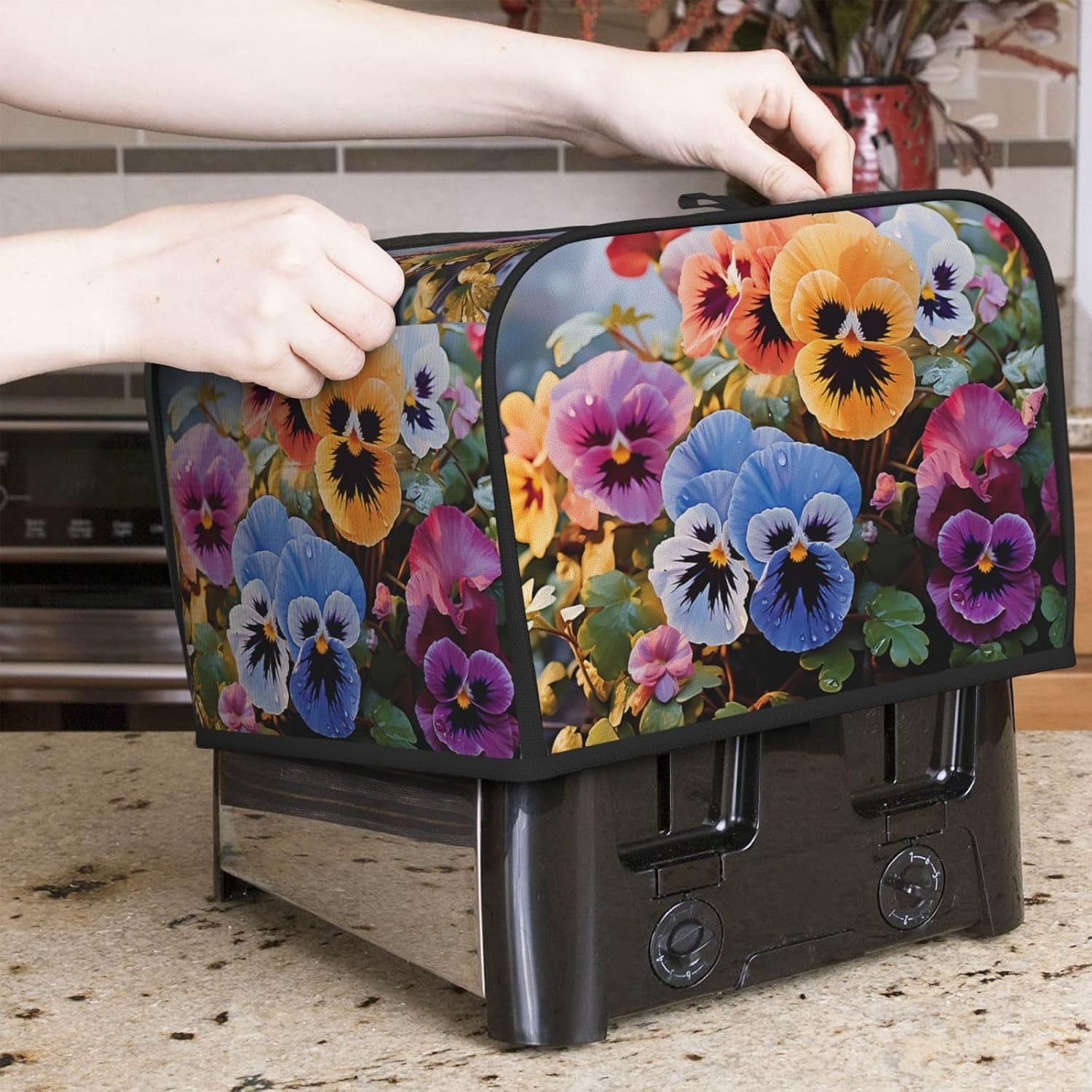 Pansy Flowers Toaster Cover 4 slice Kitchen Small Appliance Covers with Pockets Toaster Dust Cover with Top Handle Oven Cover Washable Universal Bread Maker Cover for Kitchen