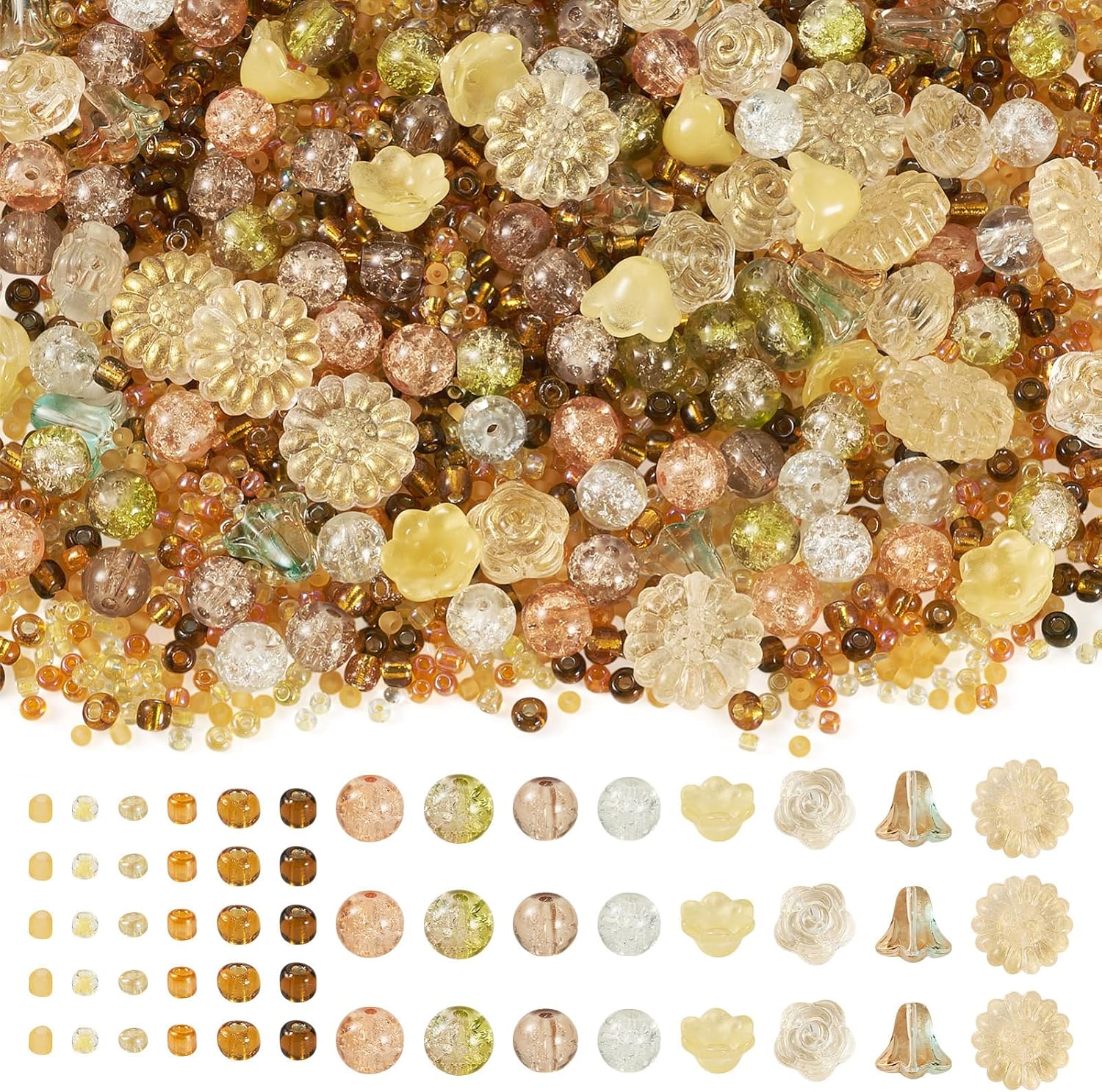 FASHEWELRY 2124Pcs Assorted Fall Theme Crackle Glass Beads Bulk Mixed Fall Color Flower Shaped Round Glass Seed Beads Crystal Spacer Beads for Bracelet Crafts Necklaces Earring Thanksgiving Decor