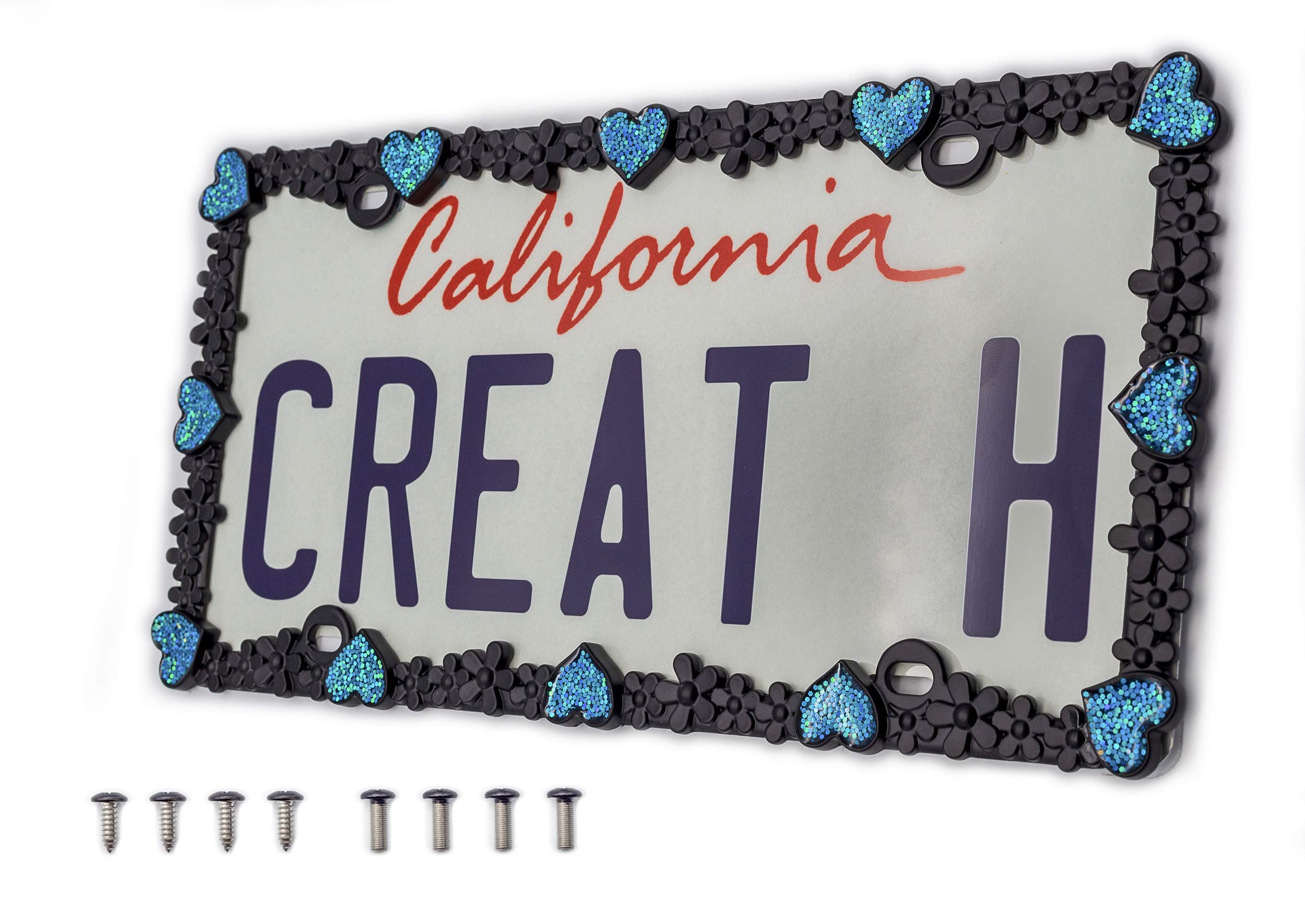 creathome3D Shining Daisy Heart License Plate Frame from Pure Zinc Alloy Metal Perfect Plate Holder, Matt Black with Blue Glitter, Luminously Heart
