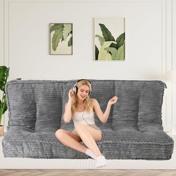 8 Inches Futon Mattress Full Size, Extra Thick Futons Sofa Couch Bed with Strap Design, Japanese Floor Mattress for Adults, Folding Mattres Shredded Foam Filling (Frame Not Included), Light Grey