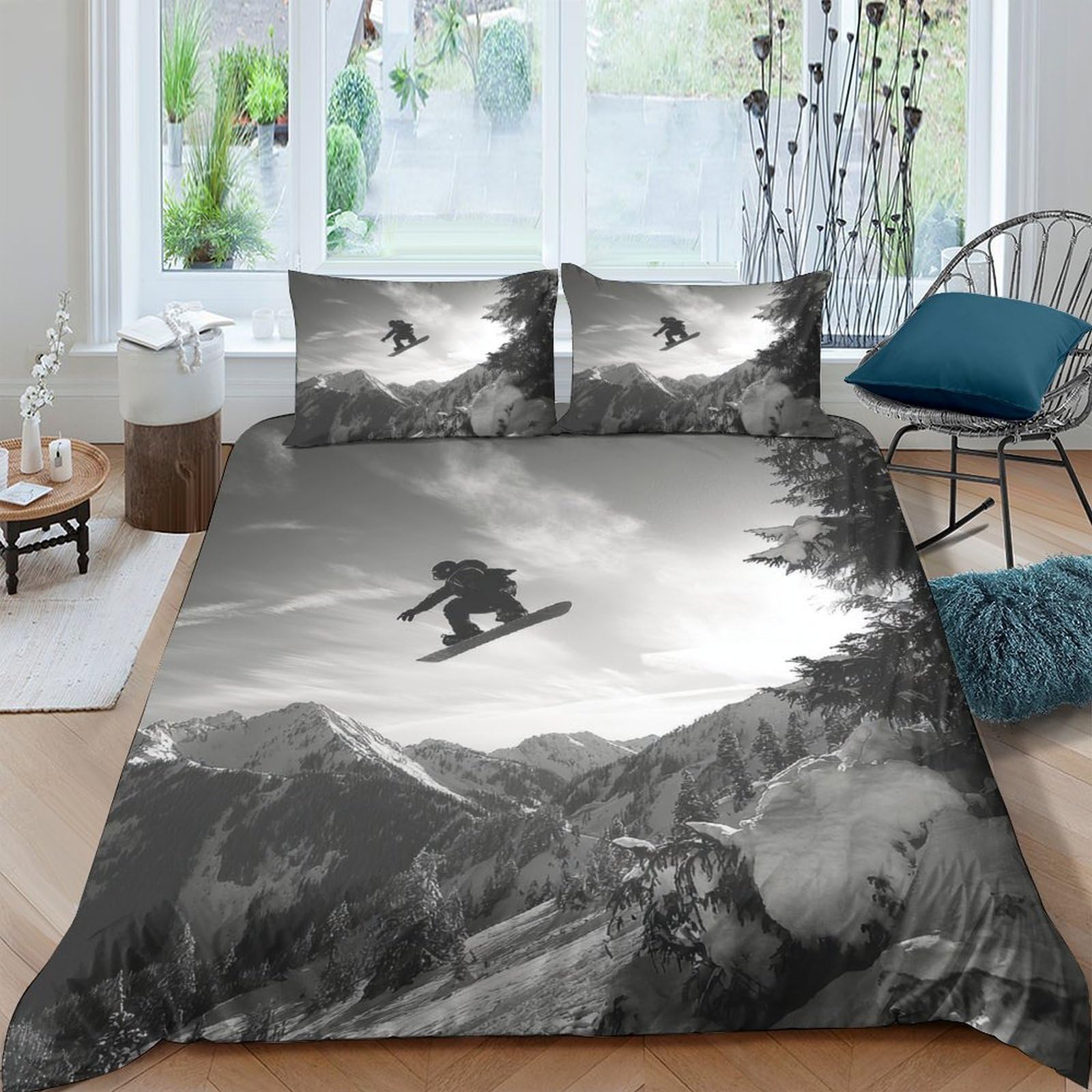 Ctjqhvkz Style-7 3D Printed Mountain Skier Fitted Sheet Microfiber Soft Black White Snow Landscape Bed Cover For Bedroom Dorm Decor Single（135X200cm）