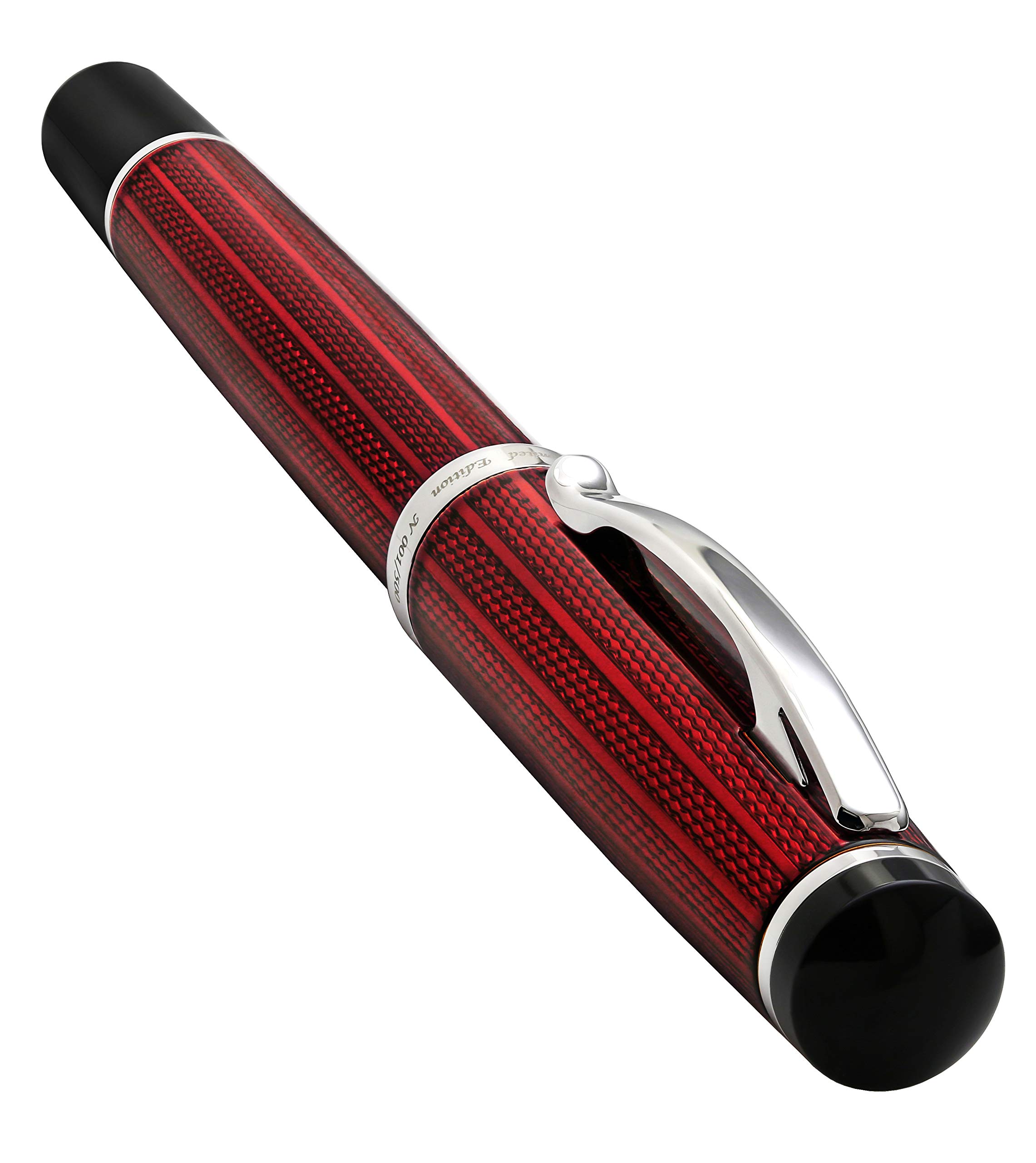 Xezo Incognito Penna Roller, pennino fine. Laccatura rosso bordeaux con placcatura in platino puro. Artigianale, inciso guilloche. Edizione limitata, numerata