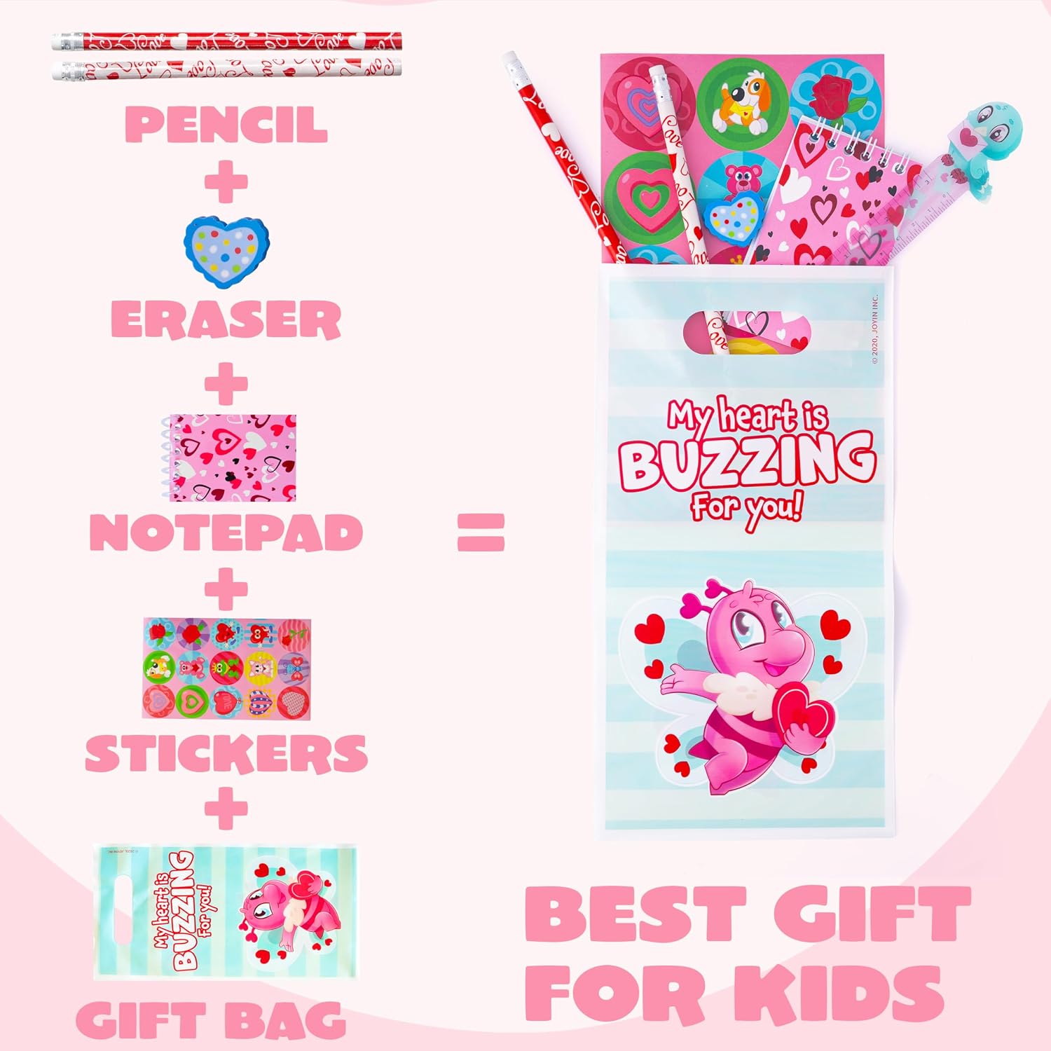JOYIN 28 Pack Valentines Day Stationery Gifts for Kids, Party Favor Set with Treat Bags, Classroom Exchange Prizes with Notebooks,Rulers,Erasers,Pencils,Stickers