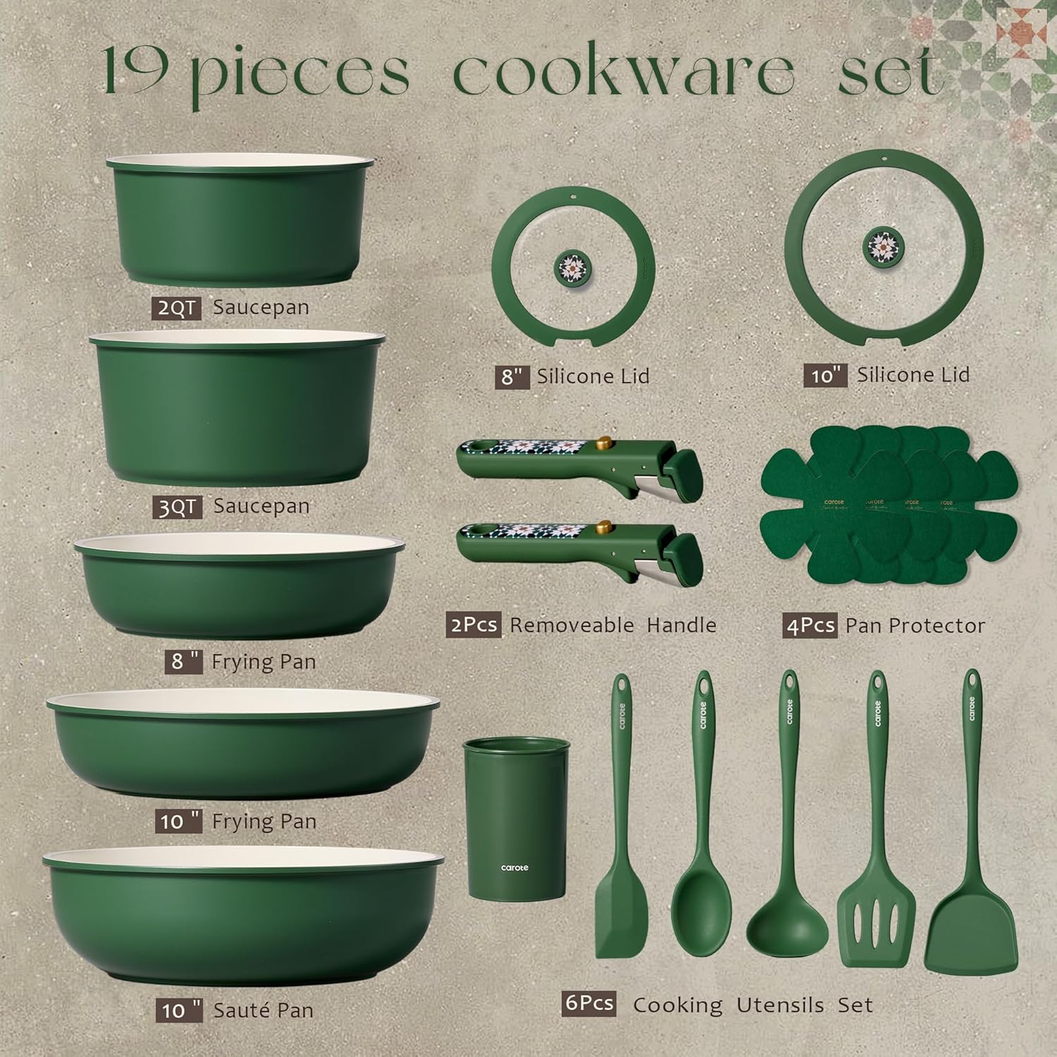 CAROTE 19Pcs Ceramic Cookware Set, Pots and Pans Set Non stick, Non Toxic Cookware Detachable Handle, Kitchen Cooking Set - Induction Cookware, Dishwasher/Oven Safe, PFAS Free, Green - Image 2