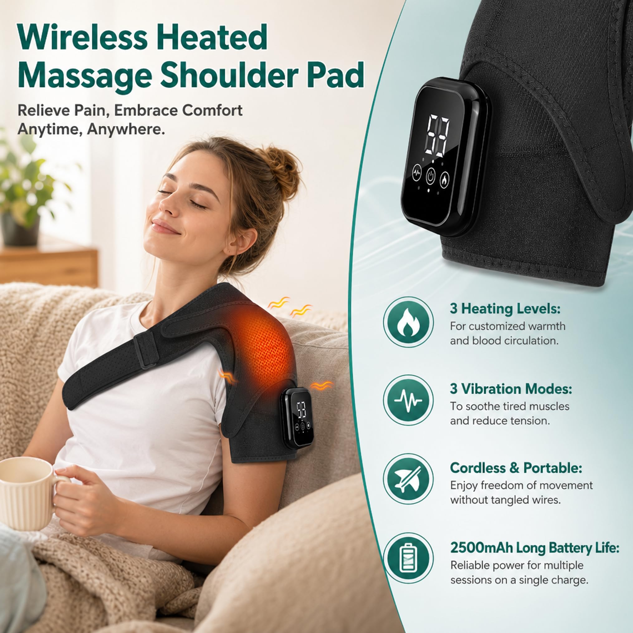 Schultermassagegerät Triple, Nacken Schulter Massagegerät Gerät mit Vibration & Wärme, 5000mAh Schulterbandage Schultergurt Muttertagsgeschenk Vatertagsgeschenk für Zuhause Büro