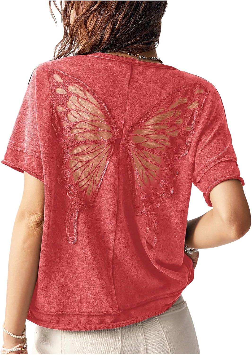 Milumia Women's Butterfly Cut Out Back T-Shirt Short Sleeve Vintage Loose Tee Tops Streetwear