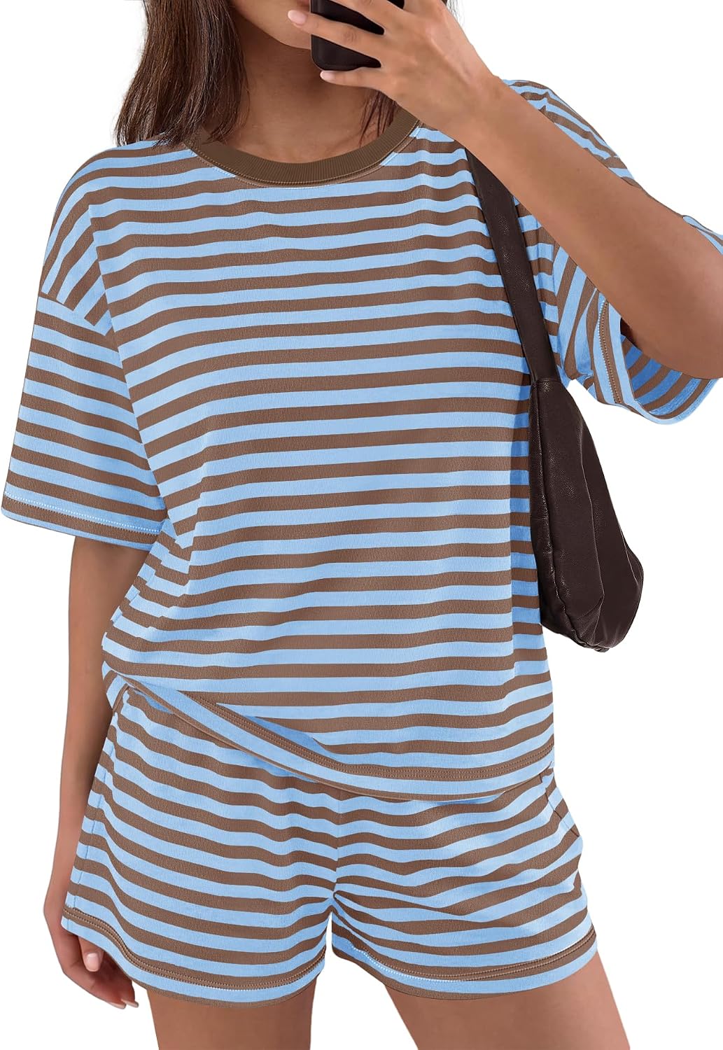 Panadila Womens Striped Short Sets 2 Piece Summer Matching Lounge Sets Short Sleeve T Shirts and Shorts with Pockets