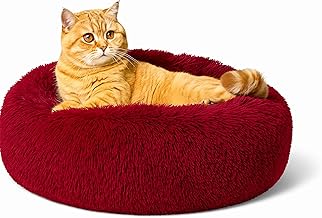 Calming Donut Cat Bed, Fluffy Plush Round Dog Bed, Cosy Soft Washable Cushion Warming Pet Beds with Non-Slip Bottom, Indoor Sleeping Cuddler Nest for Cats Puppy Kitten (Burgundy 40cm)