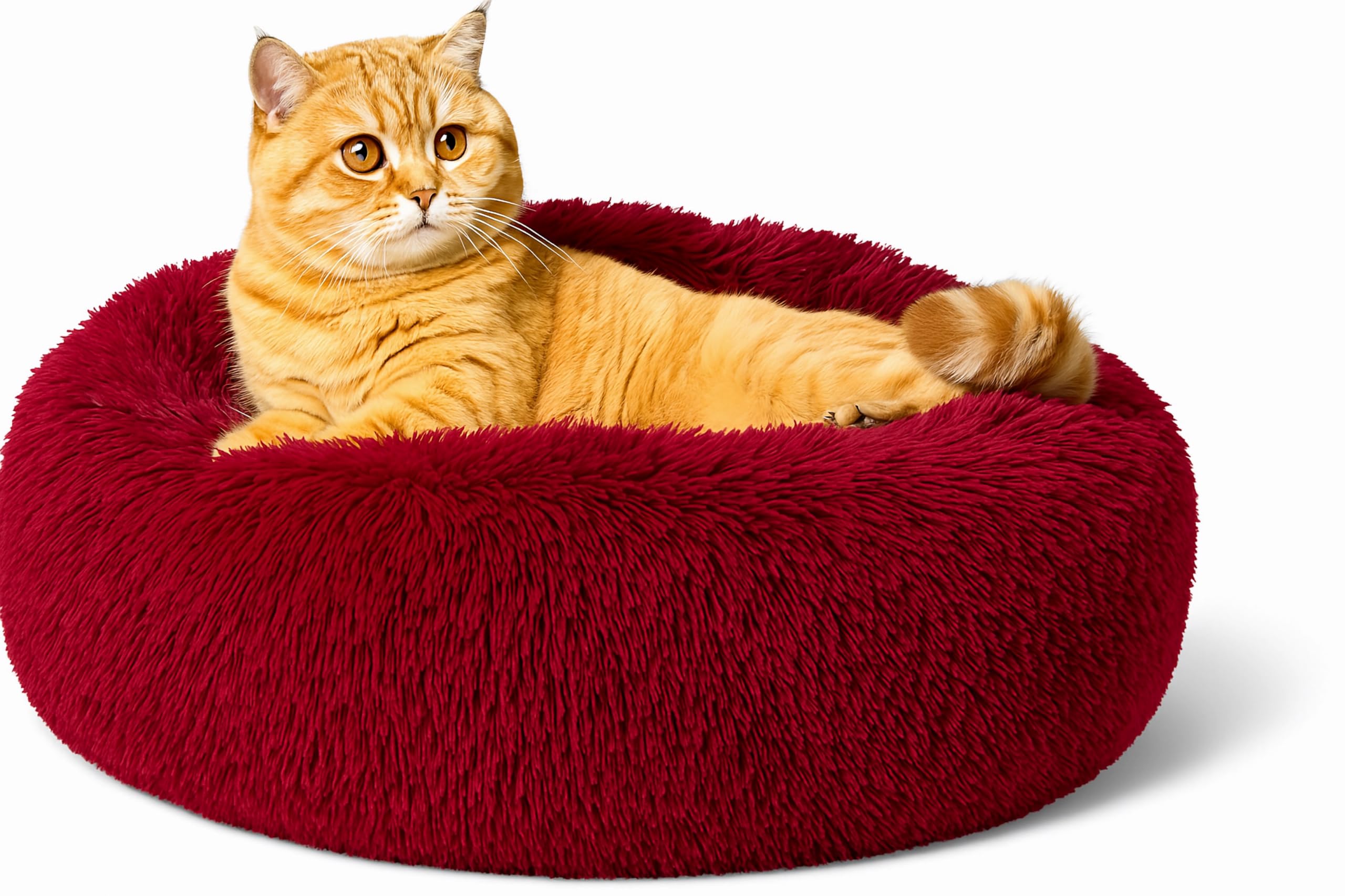 SEOUGEE Calming Donut Cat Bed, Fluffy Plush Round Dog Bed, Cosy Soft Washable Cushion Warming Pet Beds with Non-Slip Bottom, Indoor Sleeping Cuddler Nest for Cats Puppy Kitten (Burgundy 40cm)
