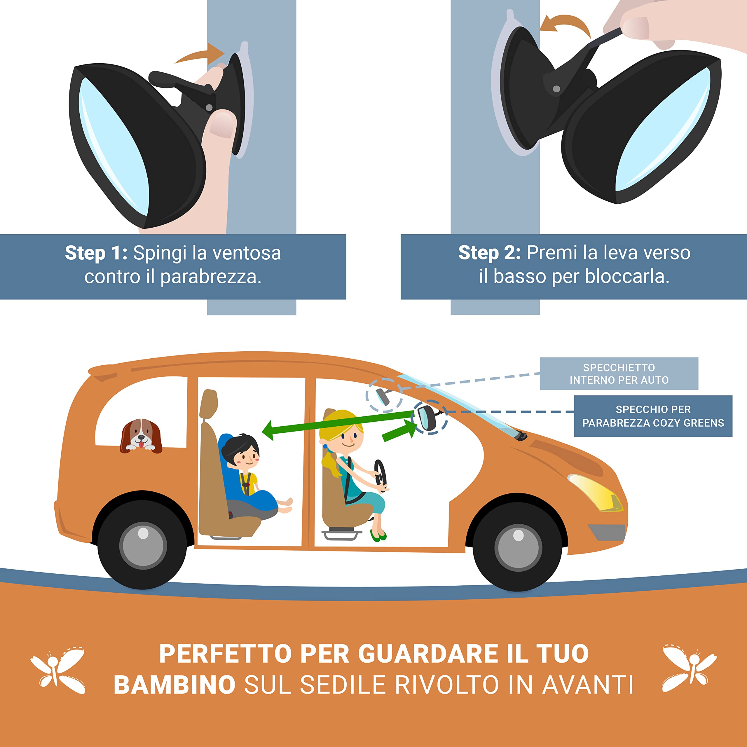 COZY GREENS Specchio Auto Per Bambini Parabrezza Per Neonati Frontale, Specchio Di Sicurezza Per Bambini Infrangibile, Ventosa Regolabile (S)