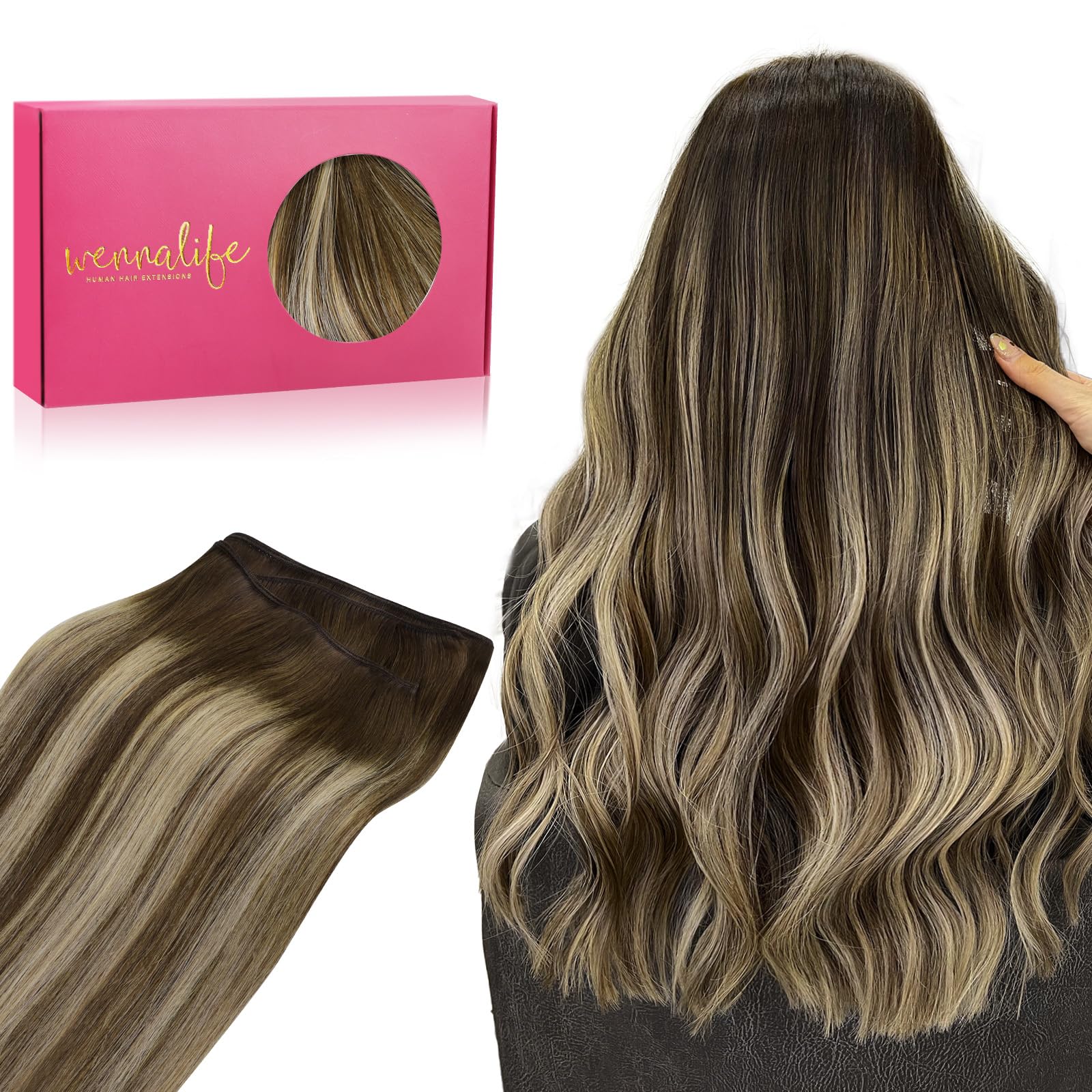 WENNALIFE Sew in Hair Extensions Real Human Hair, 16 Inch 80g Balayage Chocolate Brown to Honey Blonde Machine Weft Remy Hair Hand Tied Weft Straight