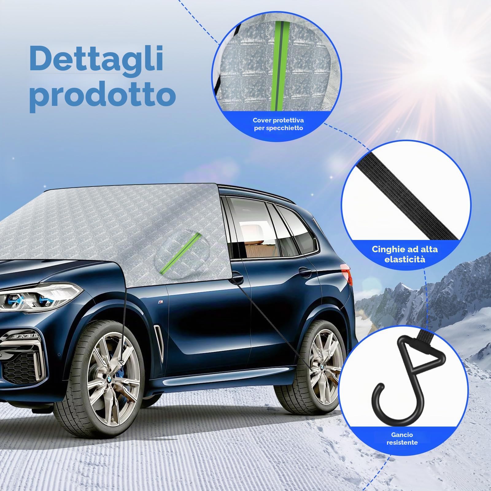 Copriparabrezza Auto Inverno Copri Vetro Auto Ghiaccio Aggiornamento 2025 per Auto Antighiaccio Contro Neve, Ghiaccio, Gelo, Sole UV Adatto la Maggior Parte dei Veicoli 248 * 148cm