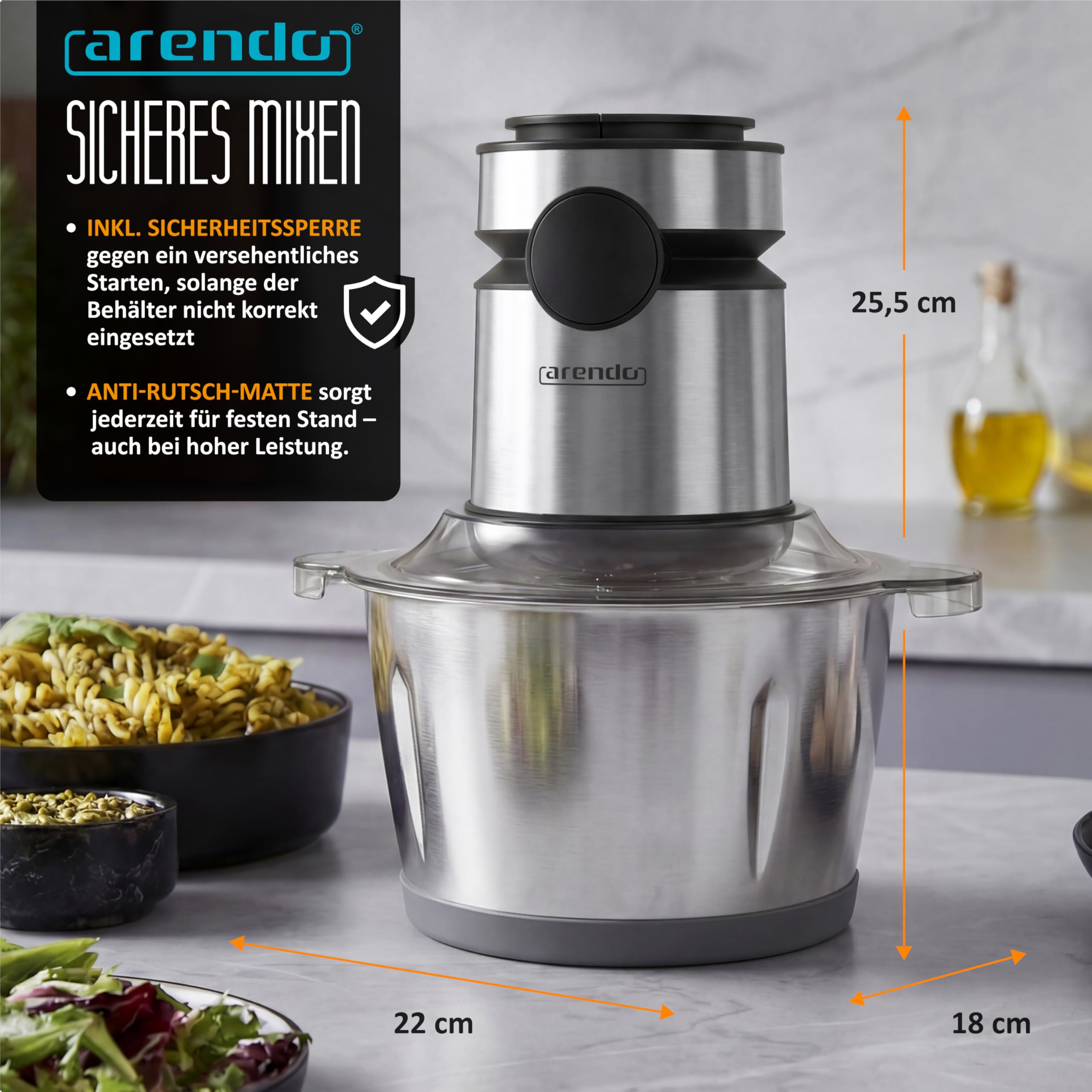 Arendo - Multi Zerkleinerer elektrisch Edelstahl – extra starker 500 W Motor – 2 L Fassungsvermögen – Universalzerkleinerer – mit Edelstahl-Mixbehälter – für Fleisch Nüsse Obst Gemüse u.v.m.