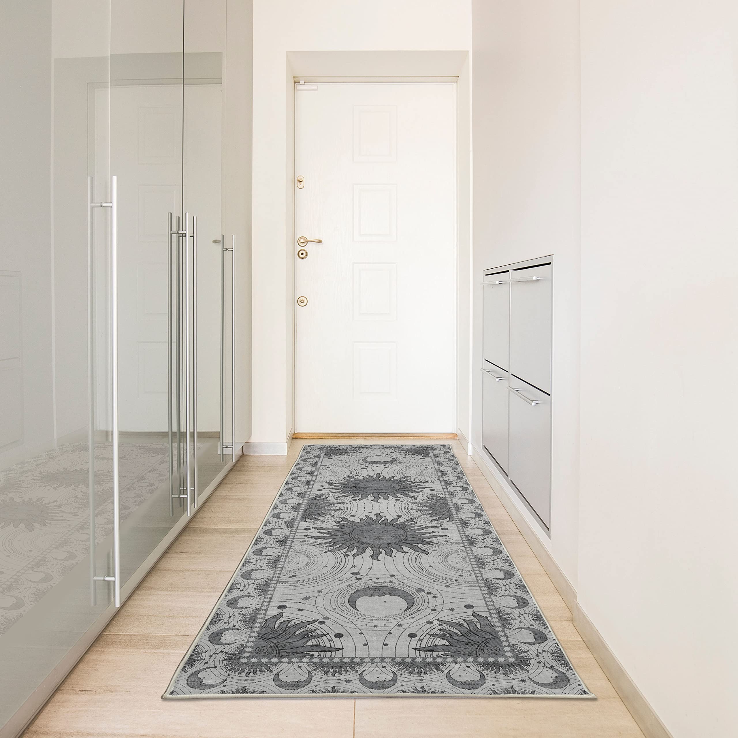 Ambesonne Sun and Moon Decorative Rug, Bohemian Artwork Design of Crescent Solar Ornament Esoteric Stars Ornaments, Quality Carpet for Bedroom Dorm and Living Room, 2' 5