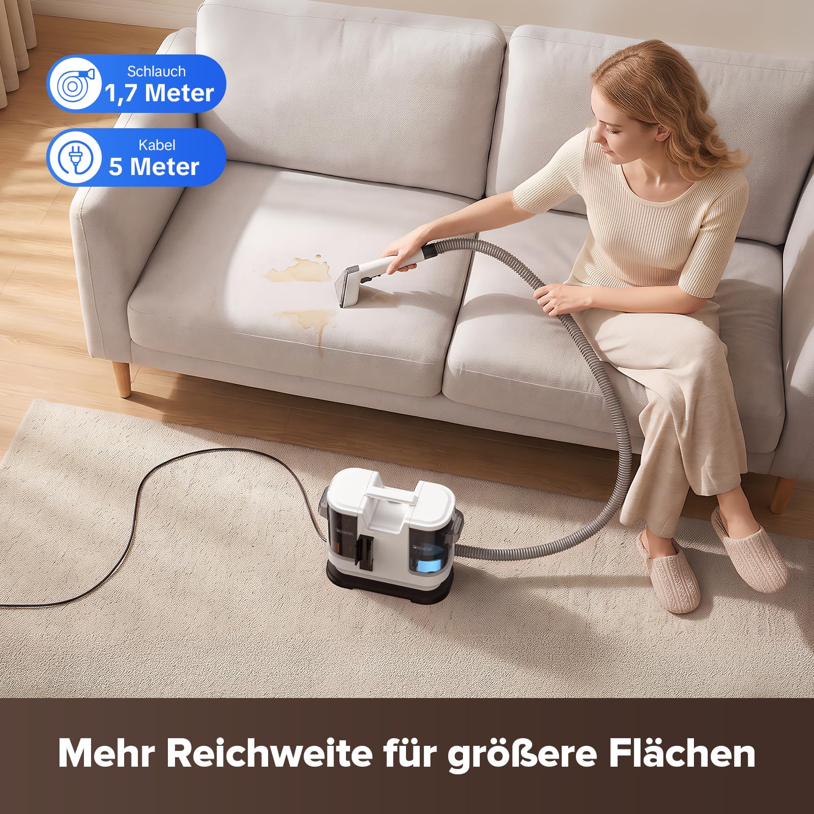 Lubluelu Nasssauger Polsterreiniger, 22 kPa, 600 W, mit Selbstreinigung | Upgrade Nasssauger Waschsauger mit langem Schlauch, großen Wassertanks und leichtem Design für Teppiche, Sofas und Autos.