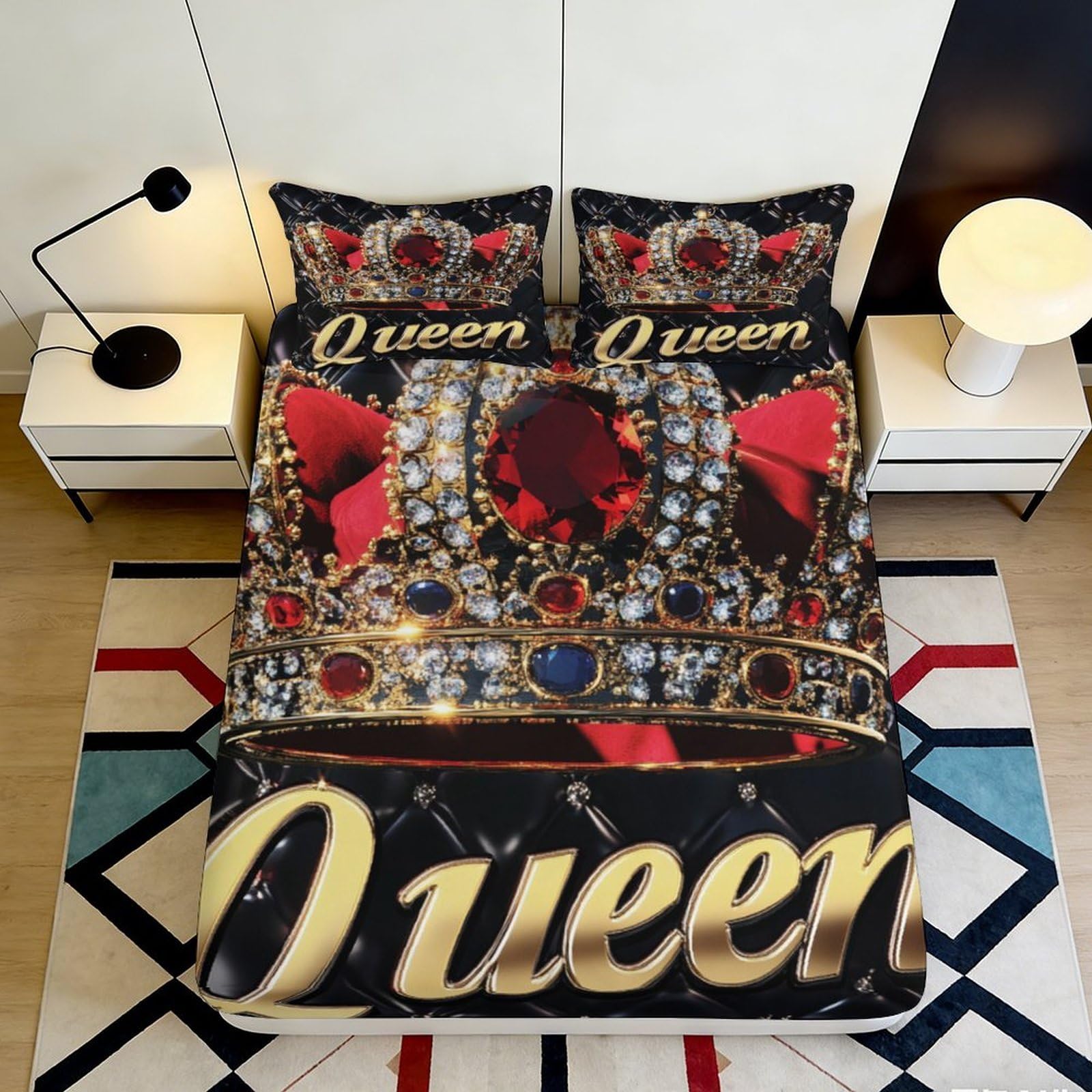 3D Printed Royal Crown Fitted Sheet Microfiber Queen Letter Bed Cover Slip-Resistant for Bedroom Guest Room Decor 90x200x25cm