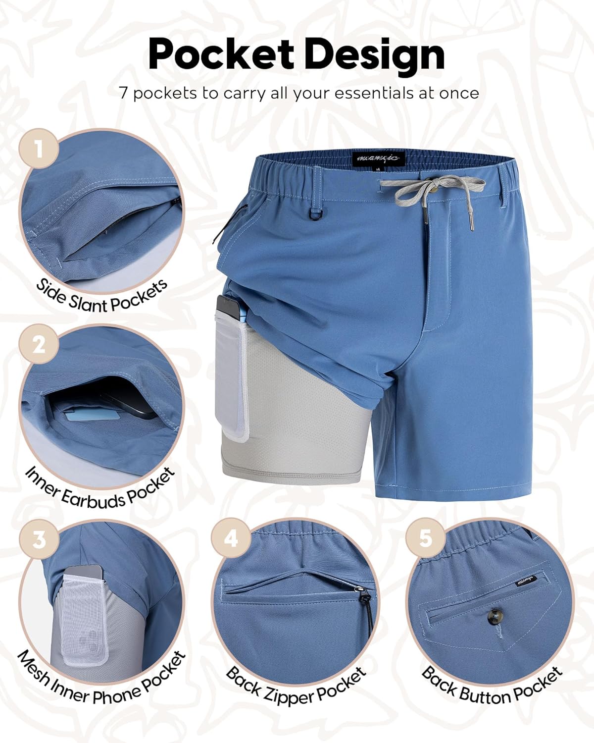 maamgic Mens Casual Shorts with Compression Liner 5/7 Inch Classic Fit Khaki Shorts - Image 3