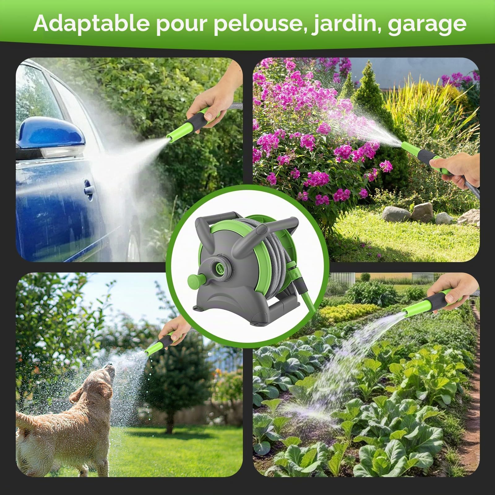 Garden Enrouleur de tuyau de 20 m avec 6 dévidoir mobile de tuyau d'arrosage - Enrouleur de tuyau mobile - Montage mural peu encombrant et amovible à tout moment - Seringue et pièces du système