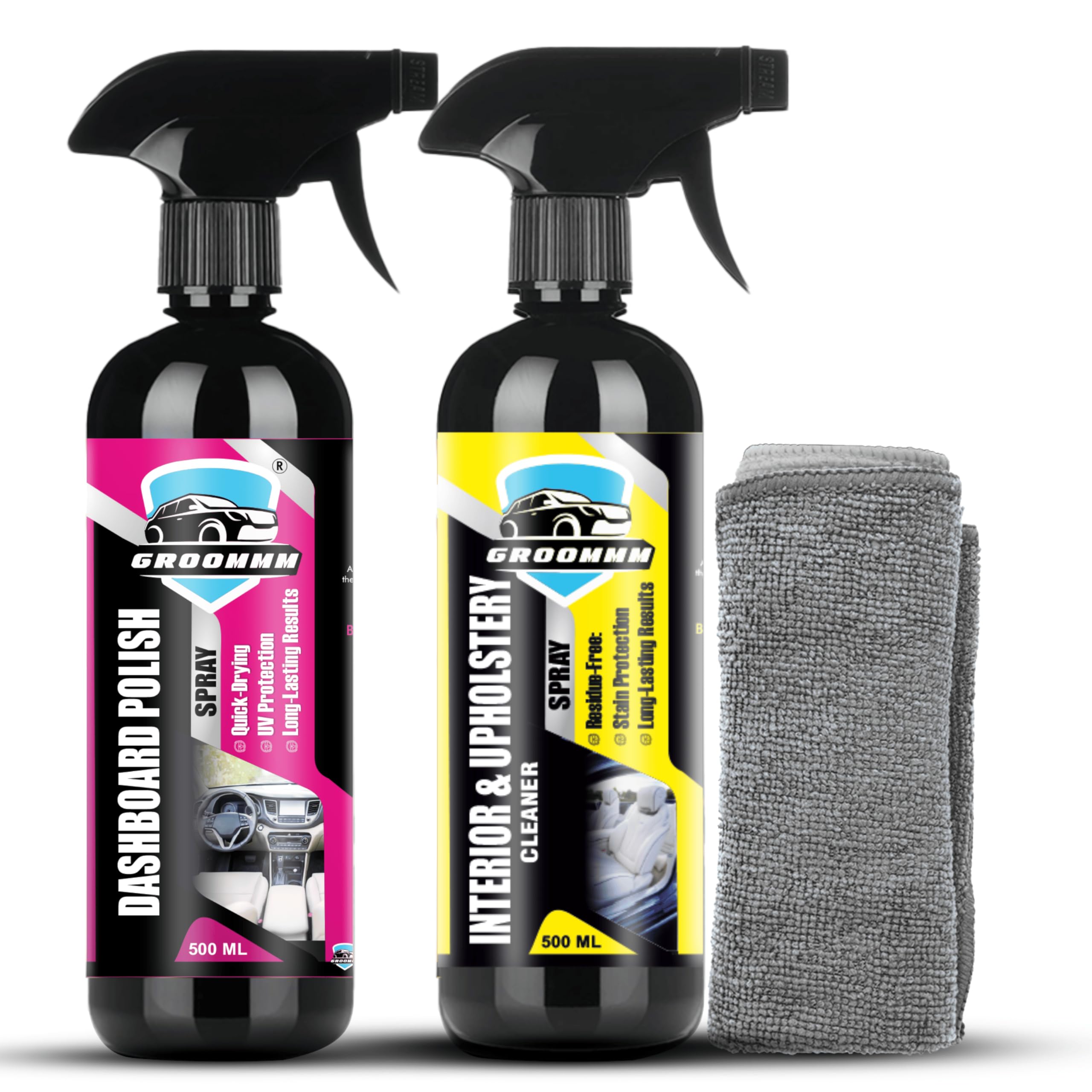 Car Interior Cleaner & Car Dashboard Polish Combo (500ML X 2) With Microfiber Cloth | Car Seat Cleaner & Car Dashboard Cleaner Spray | Best For Leather, Vinyl, Fabric & Dashboard Plastic