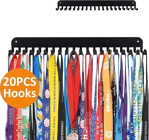 Miniatura 7 de Exhibidor de medallas, marco para colgar medallas, soporte de medallas, resistente para medallas de carrera, fácil de instalar, 20 ganchos