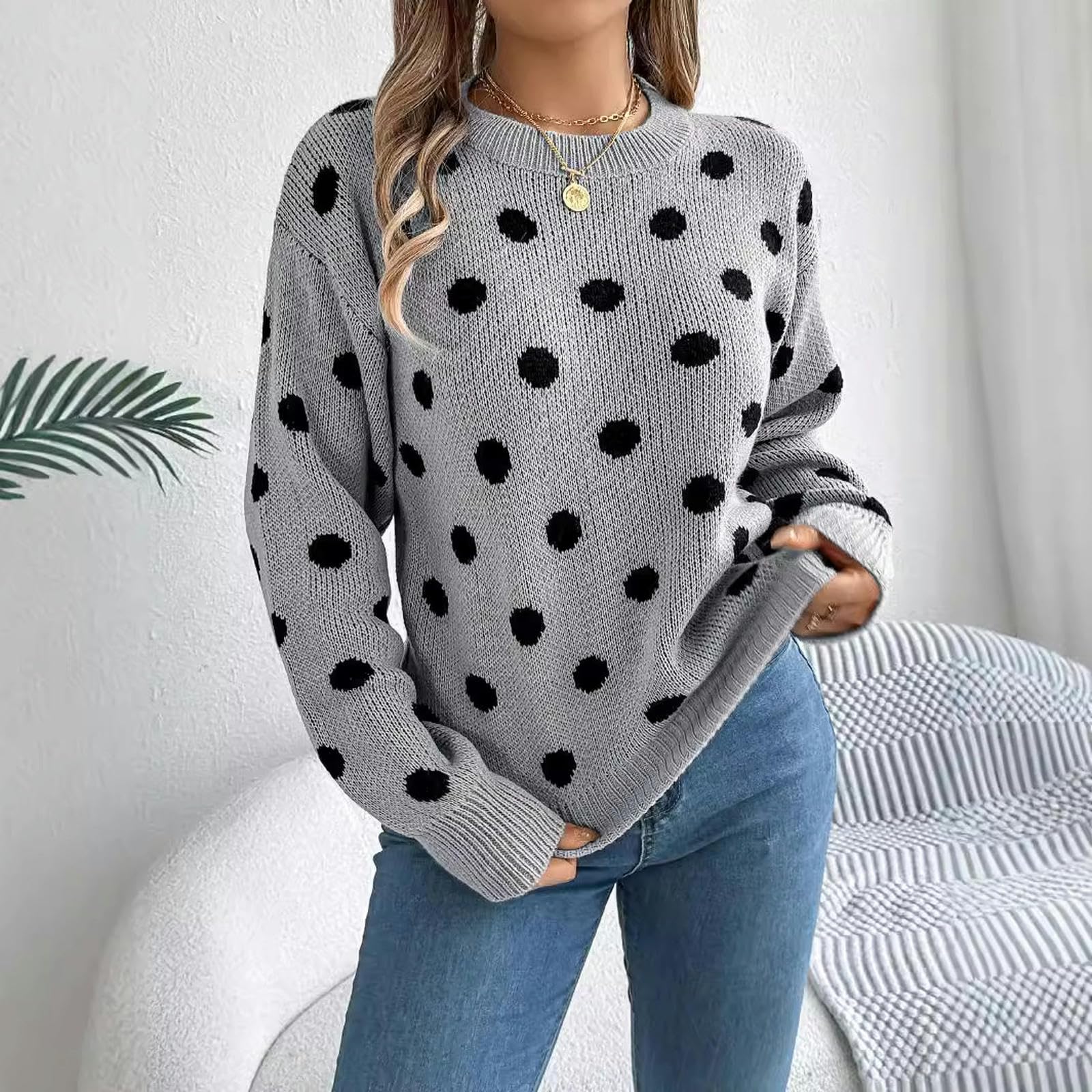 Maglione Donna Maglione Autunno Inverno Femminile Maglione per Maglione Casual Pullover A Maniche Lunghe retrò-Grigio-m