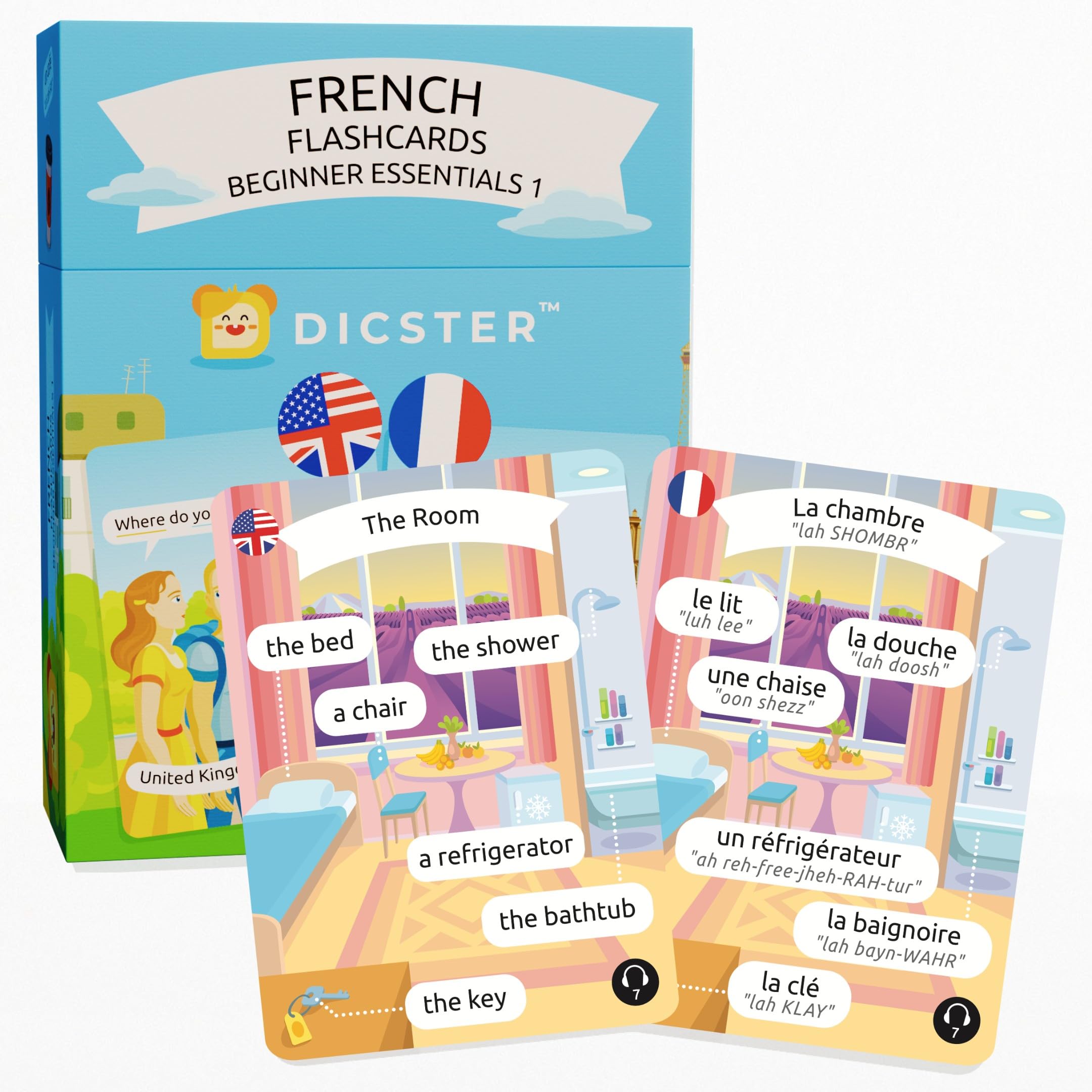 French Flashcards - Beginner Essentials 1: 52 flashcards and 270+ Essential Words & Phrases, Pronunciation Guides, Online Audio, and Illustrations for Students & Travelers