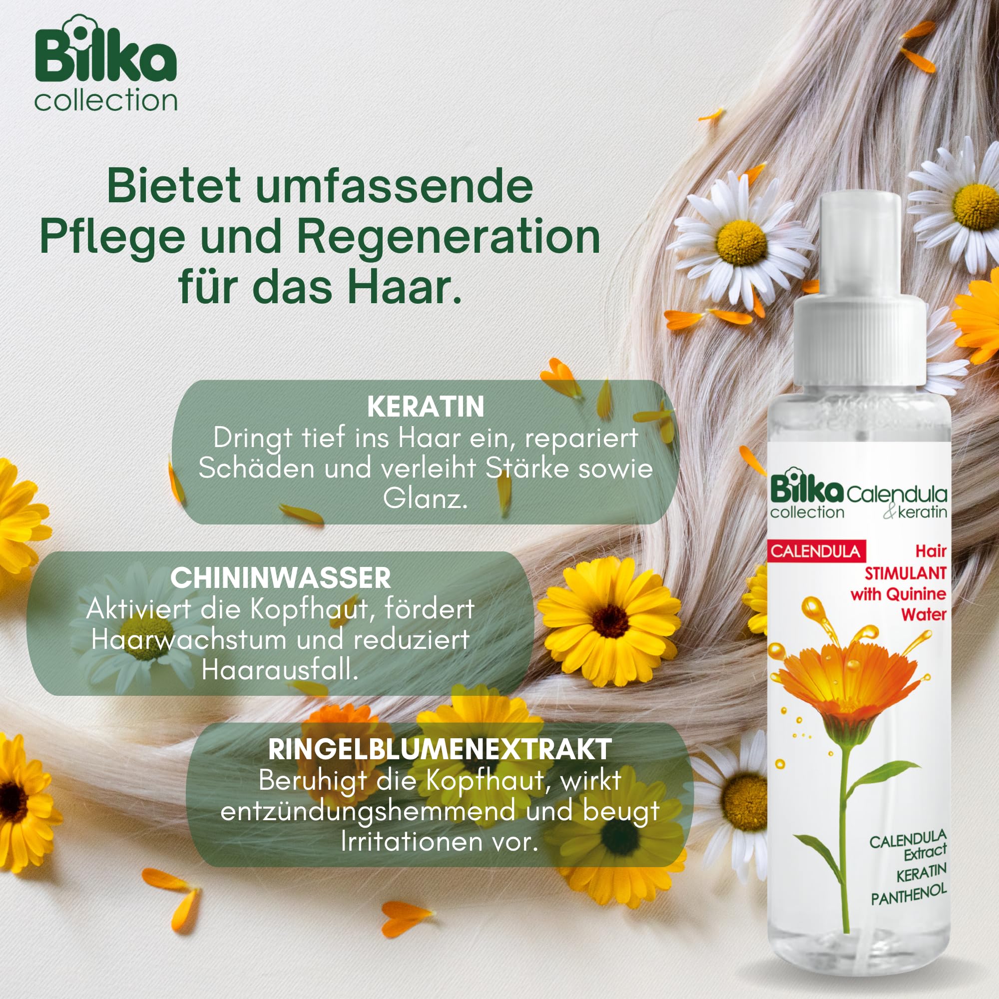Stimulans de croissance des cheveux au calendula et à la kératine - Avec eau de quinine, kératine et extrait de calendula - Soin capillaire pour favoriser la croissance des cheveux et