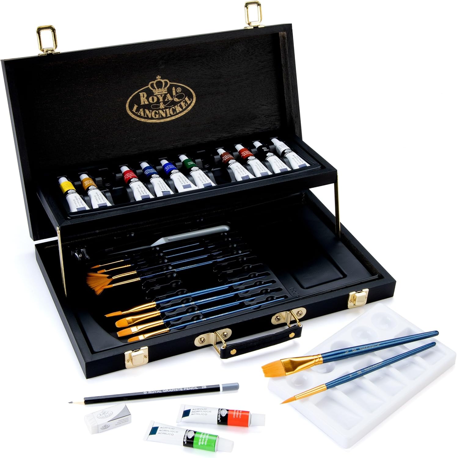 Royal & Langnickel Black Series Two-Tier Wooden Box Acrylic Artist Set, 28pc