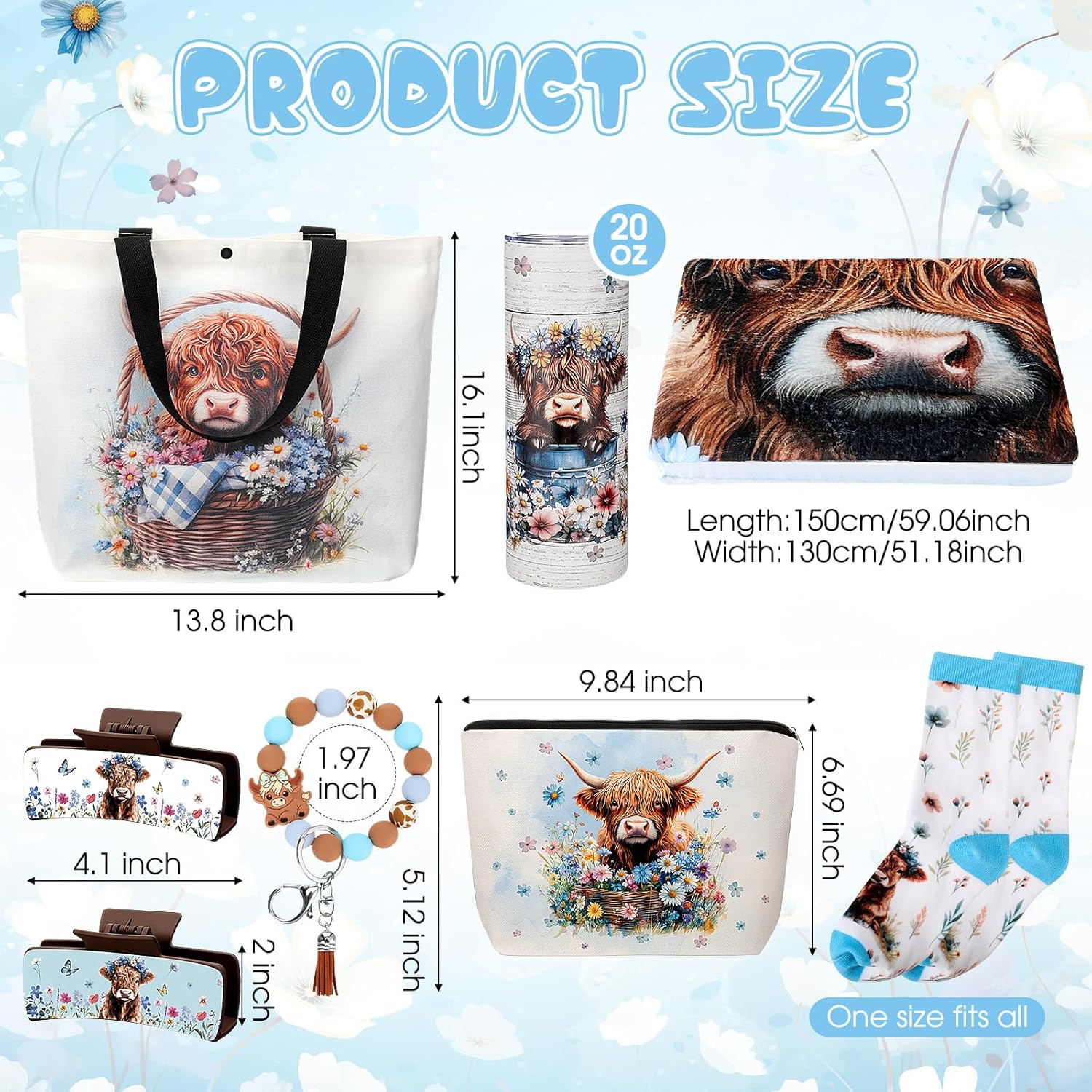 8 Pcs Highland Cow Gifts for Women Highland Cow Stuff with 20oz Tumbler Blanket Canvas Tote Bag Makeup Bag Socks Keychain Hair Claw Gift for Coworker Friend Lover (Classic Pattern) - Image 2