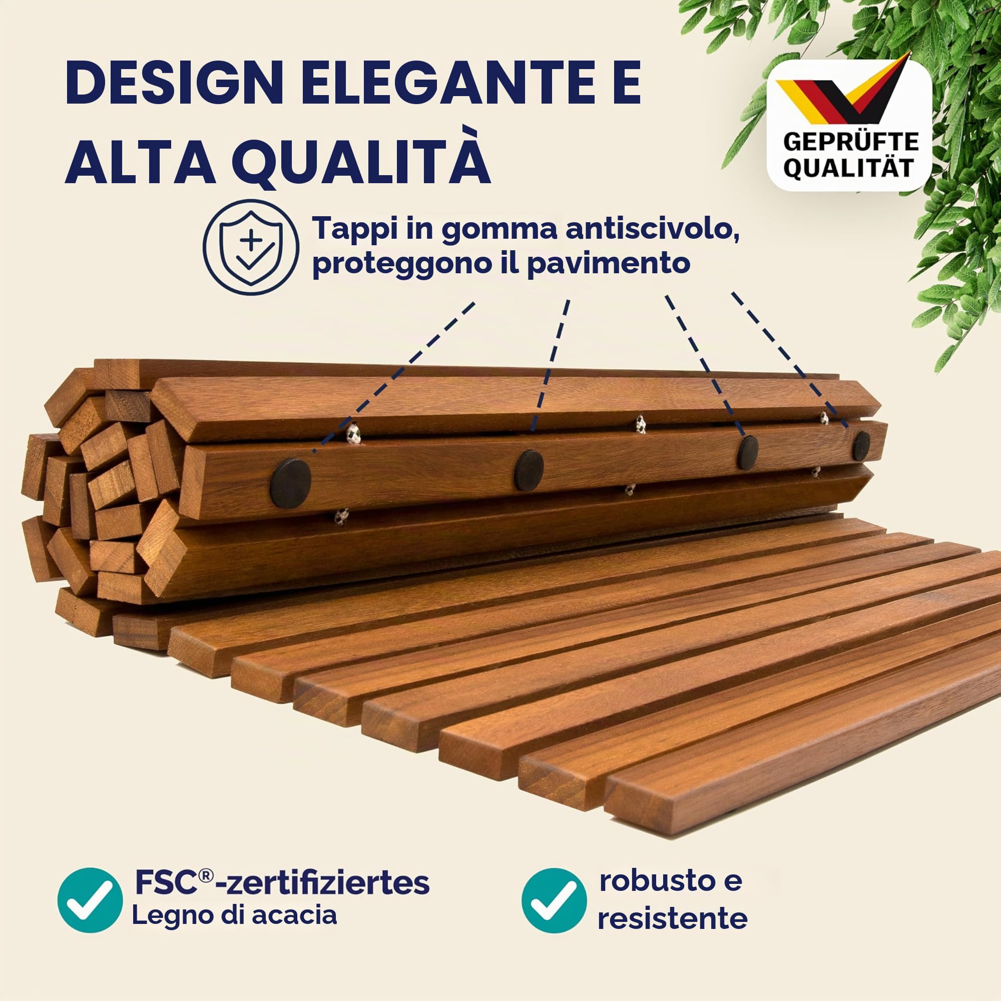 Deuba® Tappetino Bagno in Legno di Acacia Certificato FSC® 76 x 50cm Tappeto Doccia Gommini Antiscivolo Poggiapiediiedi