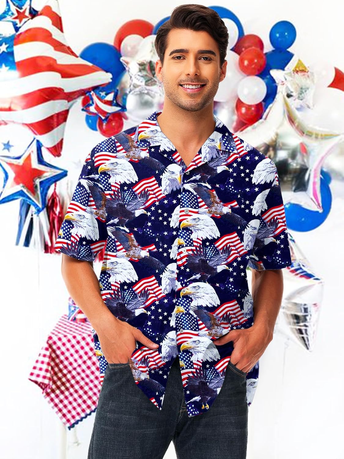 AOBUTE Men July 4th Button Shirts American Flag Hawaiian Shirt Star Stripe Holiday Top - Image 2