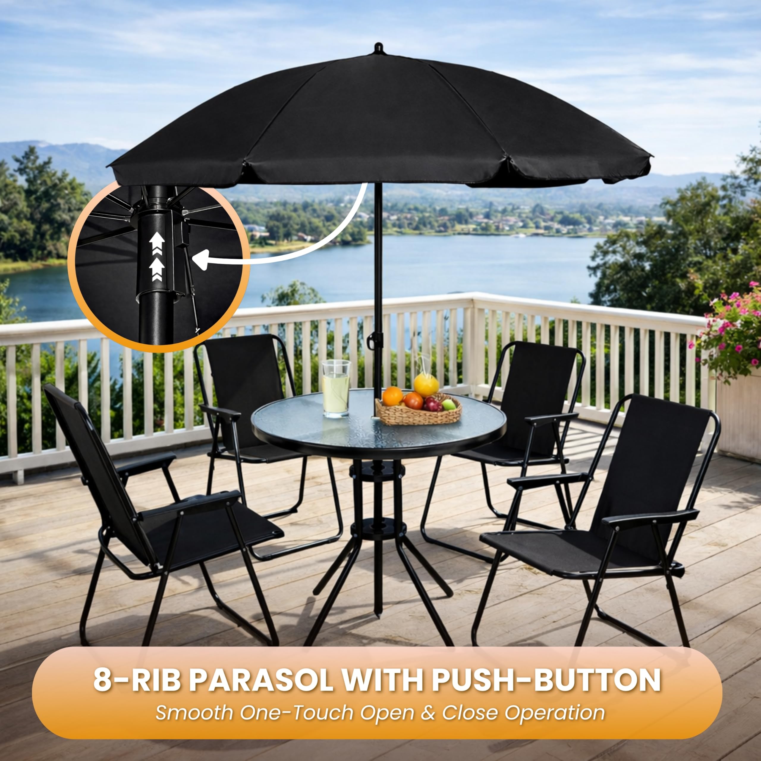 Garden Mile Moderno juego de muebles plegables de 6 piezas, resistente a la intemperie, sombrilla y 4 sillas, accesorios decorativos para interiores y exteriores para balcón, patio y jardín (negro)